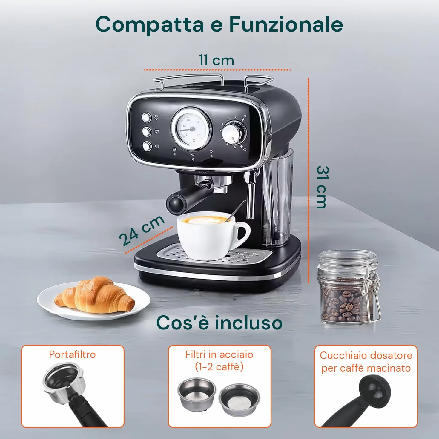 Wintem - Czarna kawa 1100 W do espresso i cappuccino z włócznią parową, kompatybilny z goframi i kawą mieloną, wyjmowany zbiornik 1,2 l, ciśnienie 15 bar