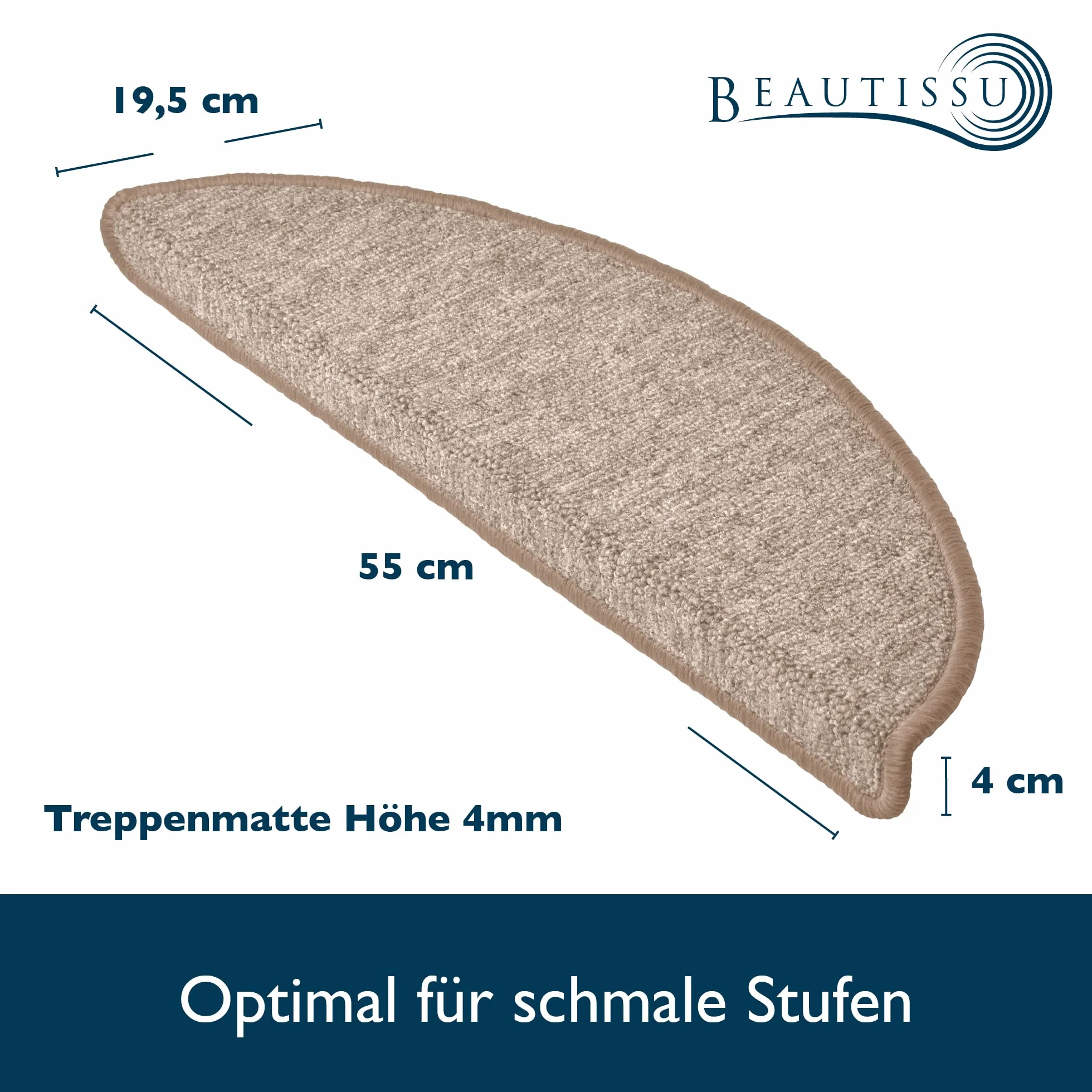 Beautissu Maty na schody 55x15 cm – 15 sztuk Wąskie schody Maty na stopnie Samoprzylepne Wewnętrzne Maty na schody Maty na stopnie Dywan Schodowa dywanka Półokrągła Piasek – ProStair