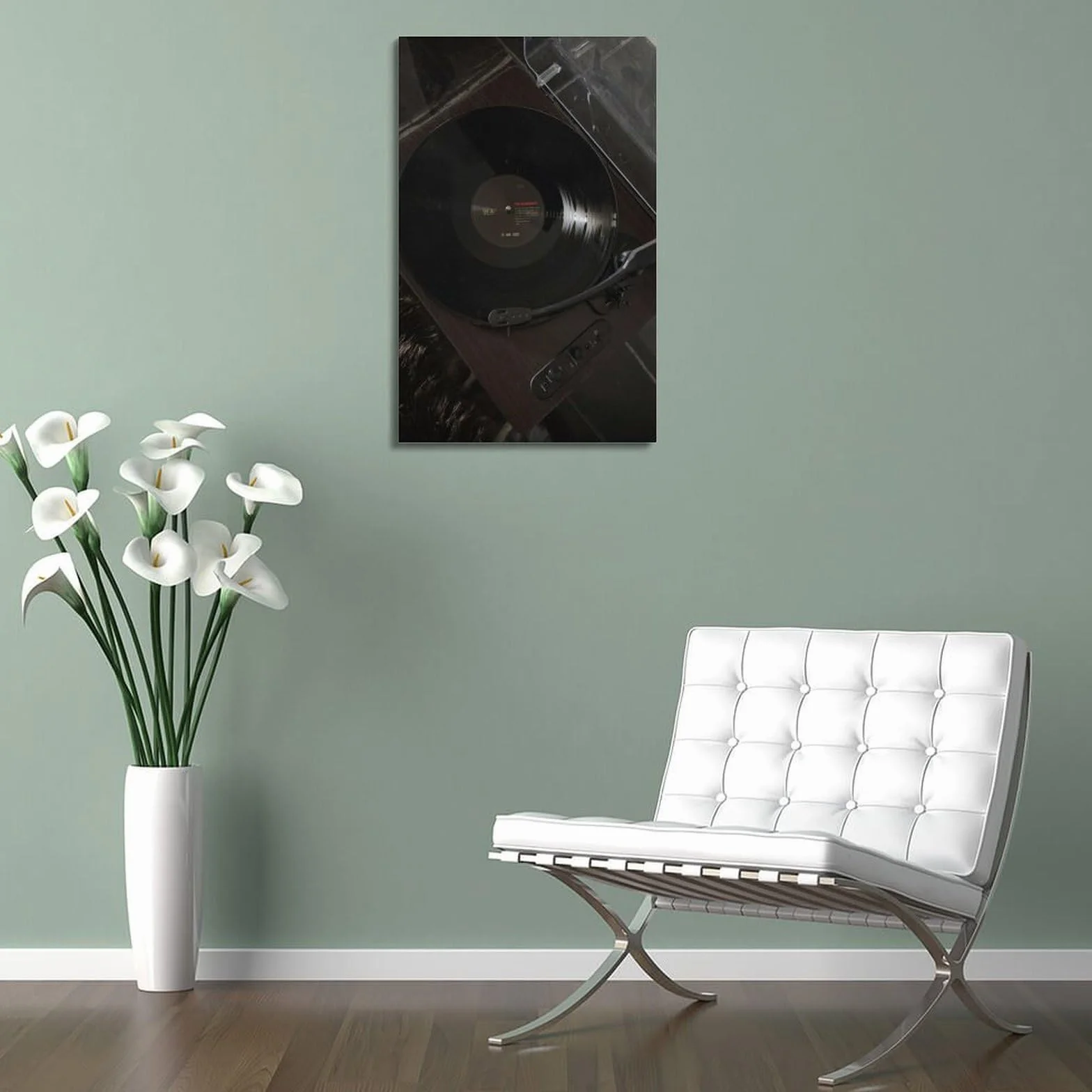 Gramofon z płytą winylową w ciemnym otoczeniu sztuka ścienna, elegancka muzyka retro dekoracja do domu i salonu plakat dekoracyjny obraz płótno plakaty ścienne i obraz artystyczny druk nowoczesny