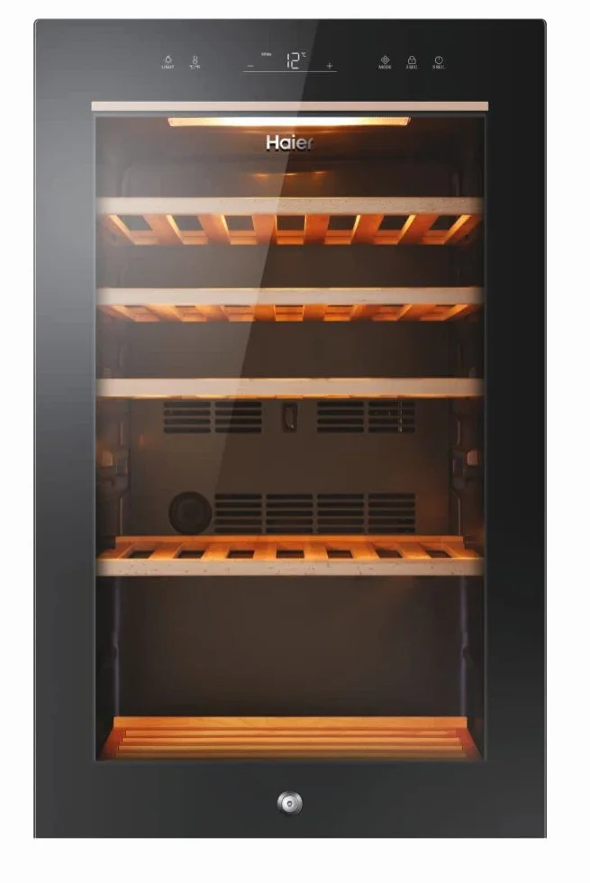 Haier Wine Bank 50 Series 5 HWS49GA stojak na wino, 49 butelek, App hOn, szkło anty-UV, drewniane półki, oświetlenie LED, klasa F, 49,7 x 58,5 x 82 cm, czarny