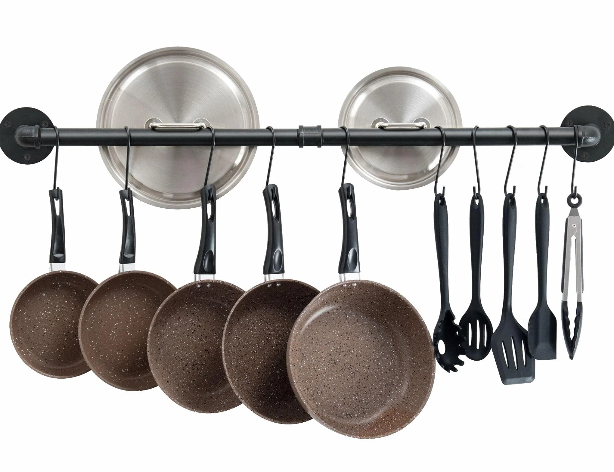 OROPY uchwyt ścienny na garnek i patelnię, stojak barowy, 100 cm, metalowy, styl industrialny, wiszący drążek na przybory kuchenne, wieszak, organizer z 14 haczykami, czarny