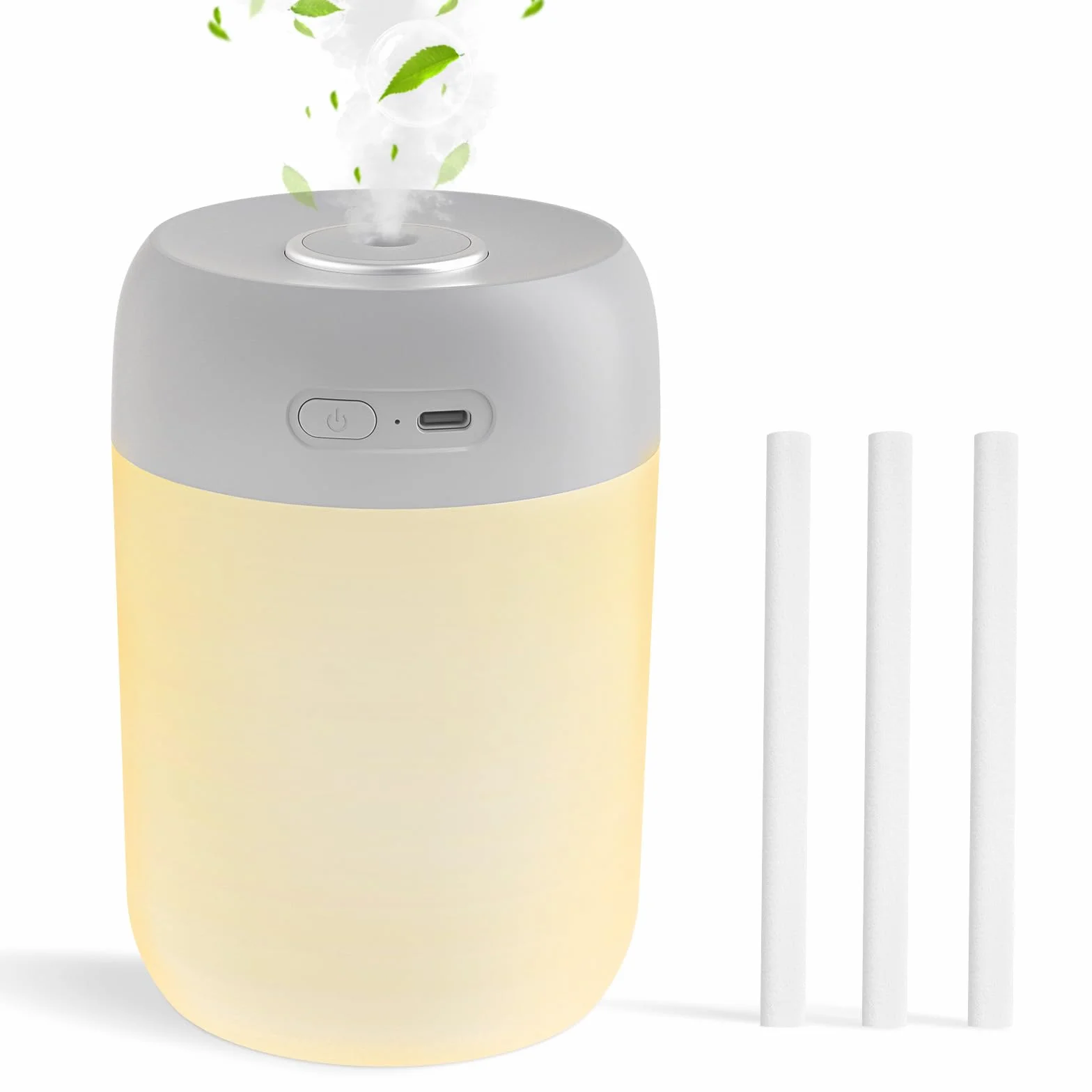 KISSLEAF Bezprzewodowa lampka nocna mini nawilżacz powietrza do sypialni 650 ml do sypialni, pokoju dziecięcego, roślin, długość 15 godzin 28 dB cichy (ciepłe światło szare)