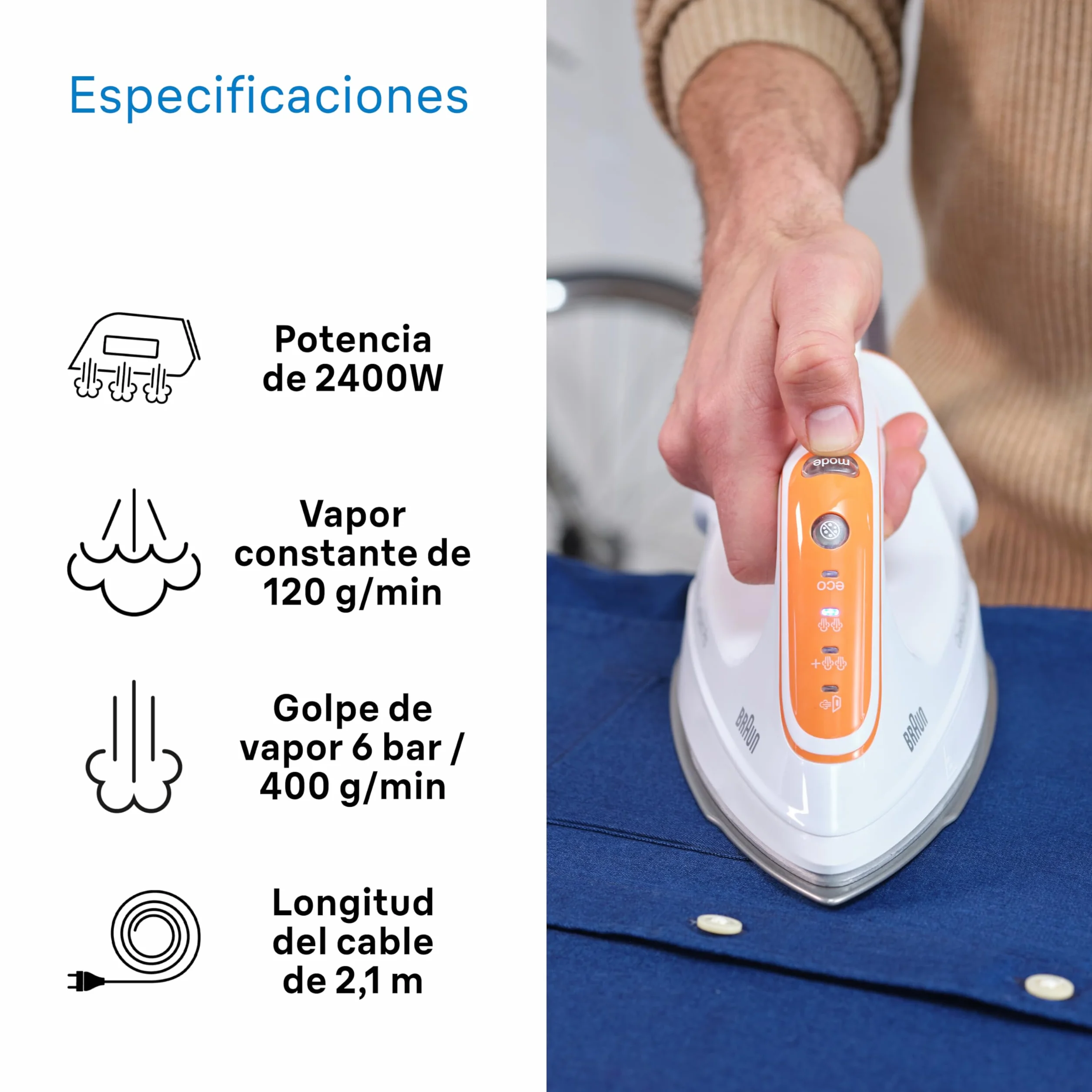 Braun CareStyle Compact Pro żelazko generujące parę, FreeGlide 3D, tryb iCareMode, Eco i Turbo, pionowe parowanie, niekapiący, zbiornik na wodę 1,5 l, 6 bar/400 g/min, 2400 W, biały/pomarańczowy