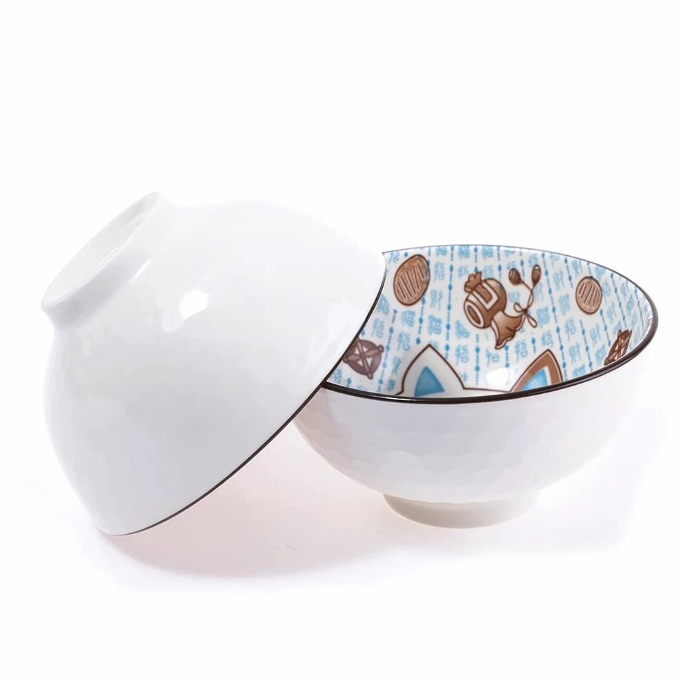 lachineuse - Zestaw 4 misek z japońskim kotem - Miski na ryż, śniadanie i zupę - Japońskie naczynia porcelanowe - z pałeczkami - Maneki Neko Happiness Holder - Kawaii Japan Gift Deco