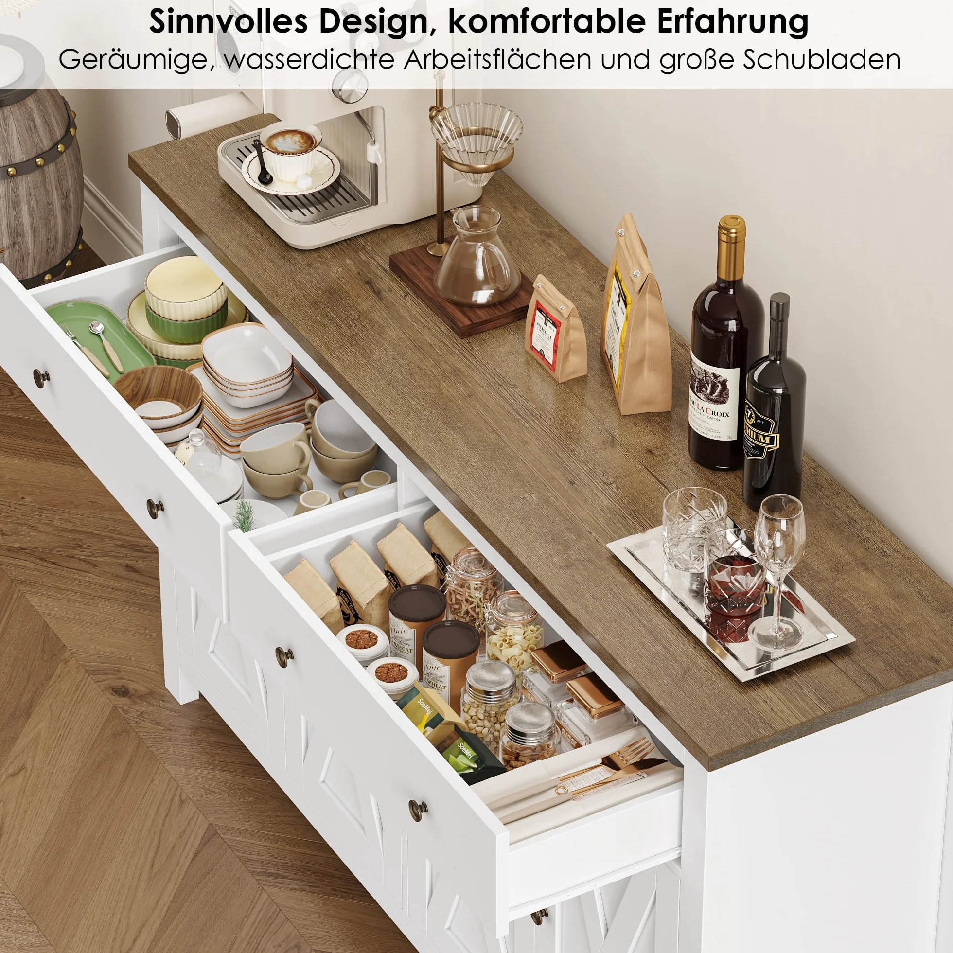 FirFurd kredens biały 140 cm szafka kuchenna z regulowanymi półkami 4 drzwi 2 szuflady 140 x 40 x 89 cm