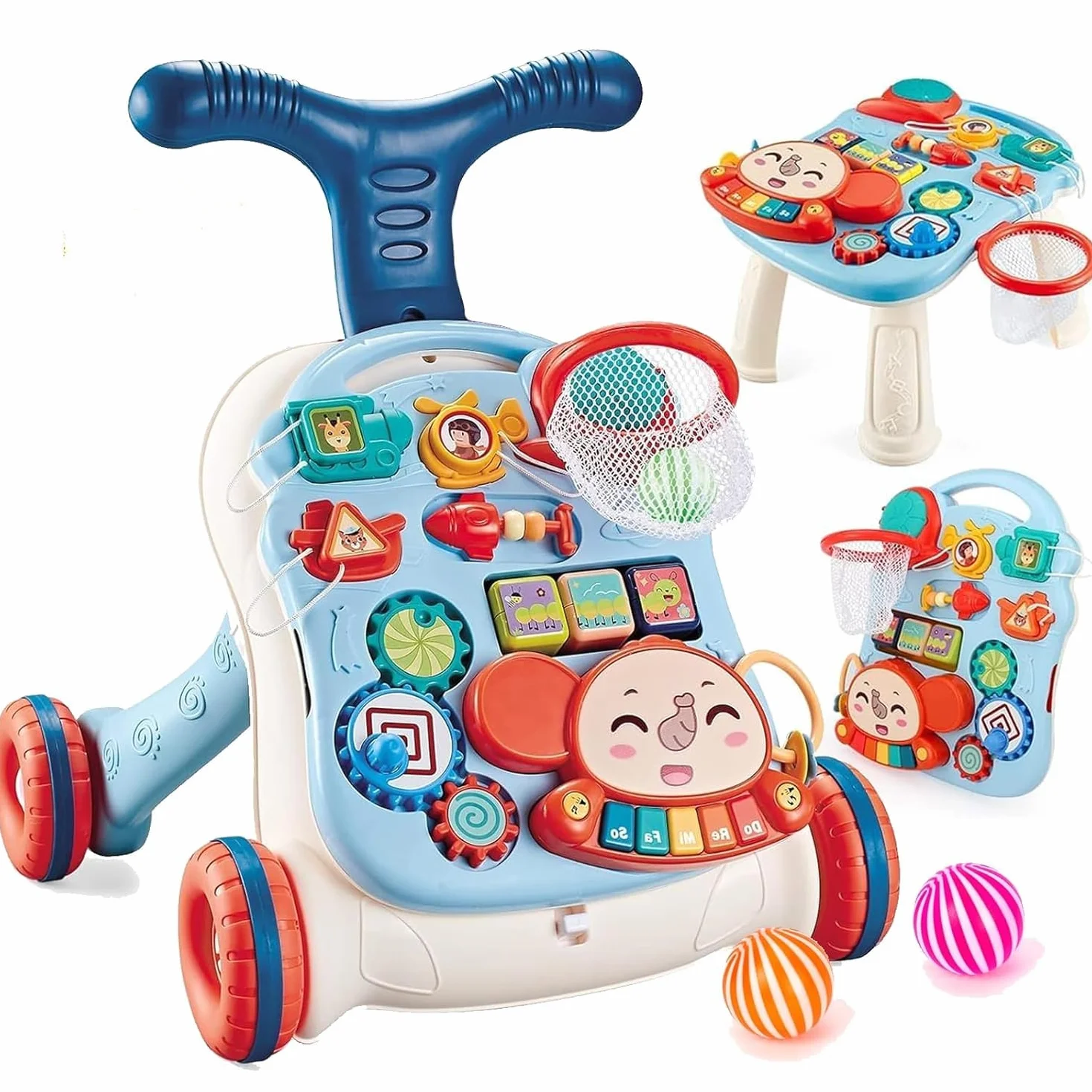 Pomoc w nauce chodzenia dla dzieci, 2 w 1, wózek do nauki chodzenia z zabawką i dźwiękami Montessori, muzyką i zdejmowaną planszą do gry, pomoc w chodzeniu z regulowaną prędkością, dla dzieci od 6