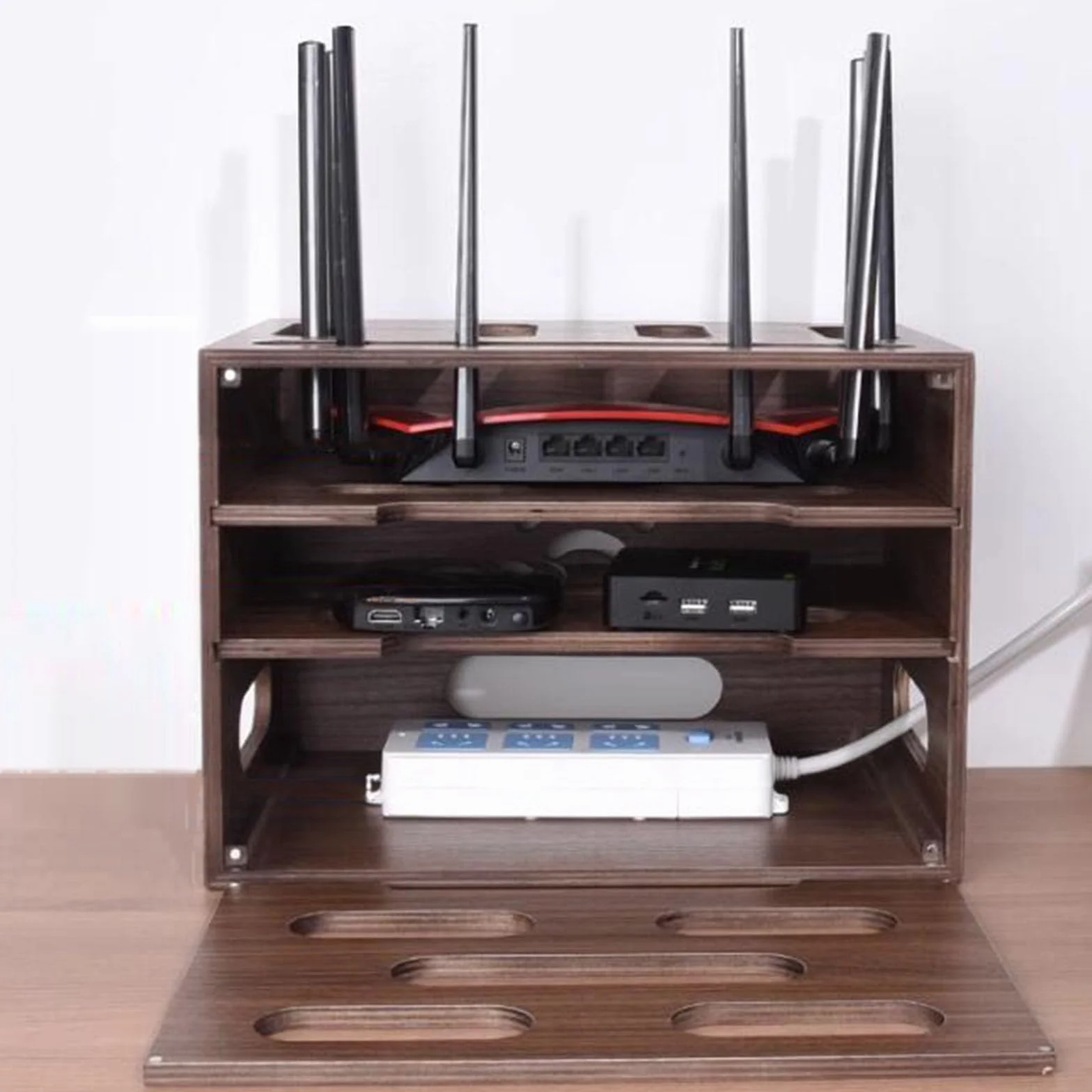 Drewniana półka na routera, półka na router bezprzewodowy, pudełko do przechowywania kabli routera, wielowarstwowy stojak do przechowywania, półki organizery biurkowe, listwa zasilająca i