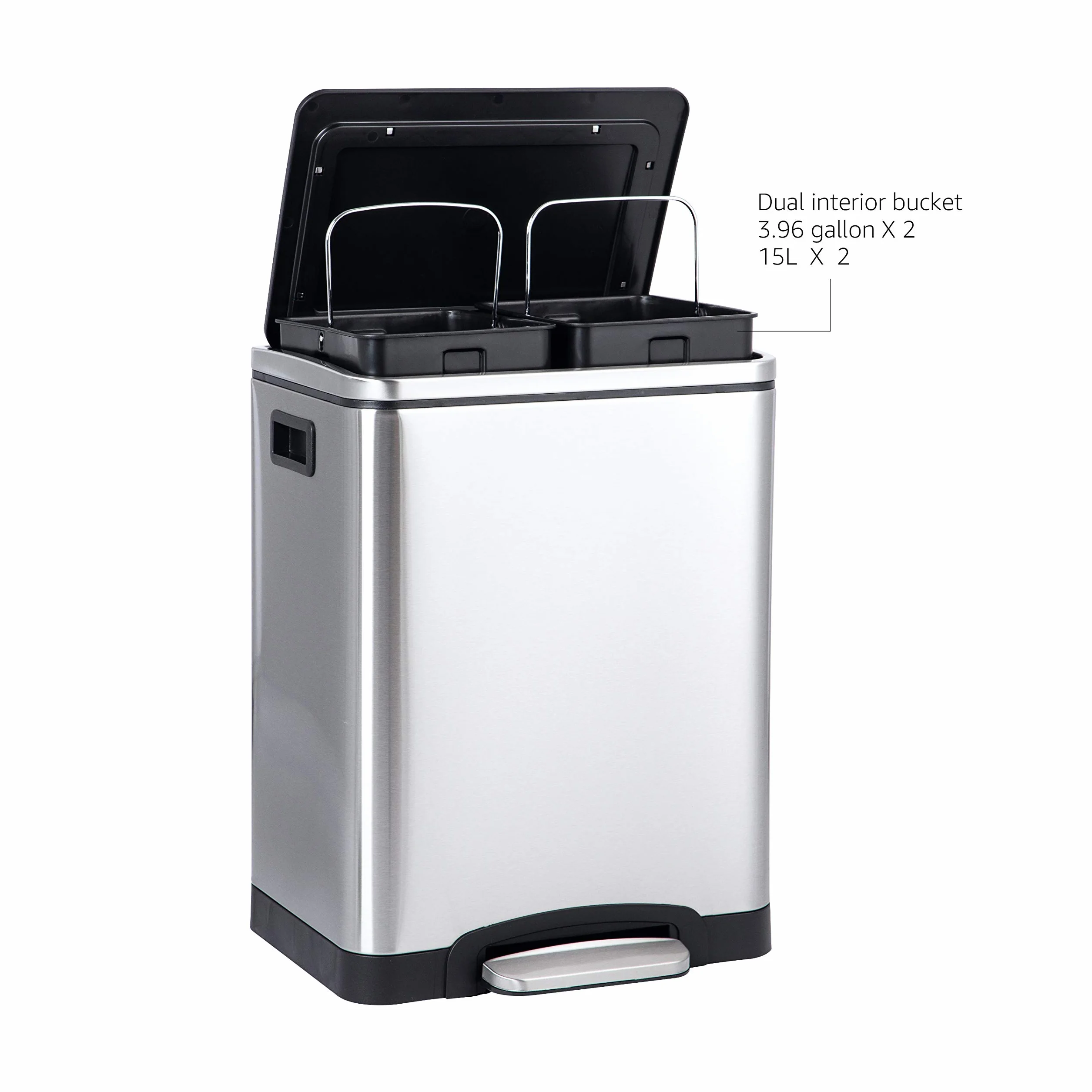 Amazon Basics 30 l prostokątny podwójny pojemnik z miękkim domykaniem z pedałem nożnym - 2 x 15-litrowy pojemnik, stal nierdzewna, kolor srebrny, odpowiedni dla 1 lub 2 osób