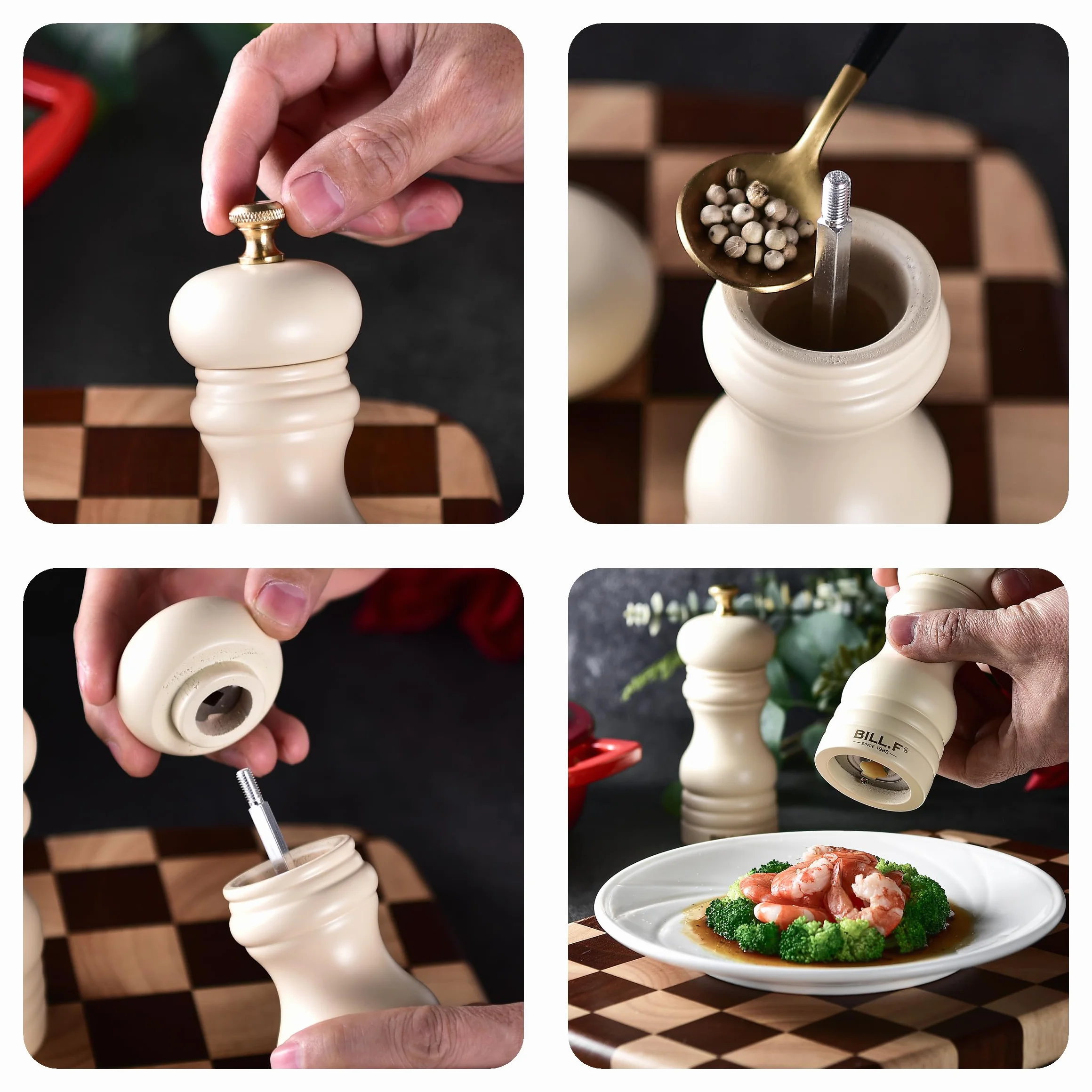 Bill.F Zestaw 2 ręcznych młynków do soli i pieprzu 15 cm ceramiczny regulowany