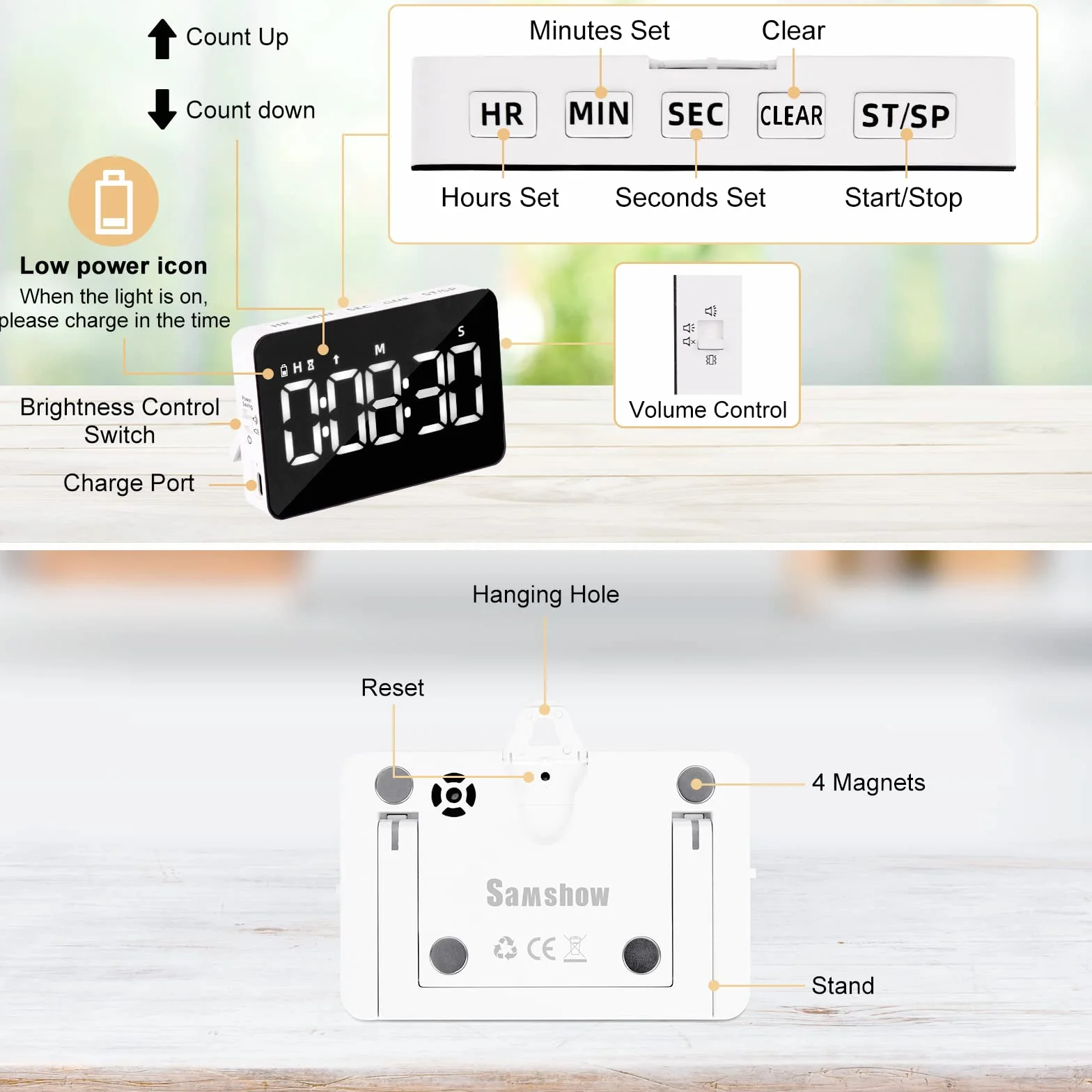 Cyfrowy timer kuchenny z możliwością wielokrotnego ładowania, magnetyczny timer z odliczaniem / do góry, czasomierz dla dzieci z wyświetlaczem LED 5", 3 jasności, 4 poziomy głośności, regulacja