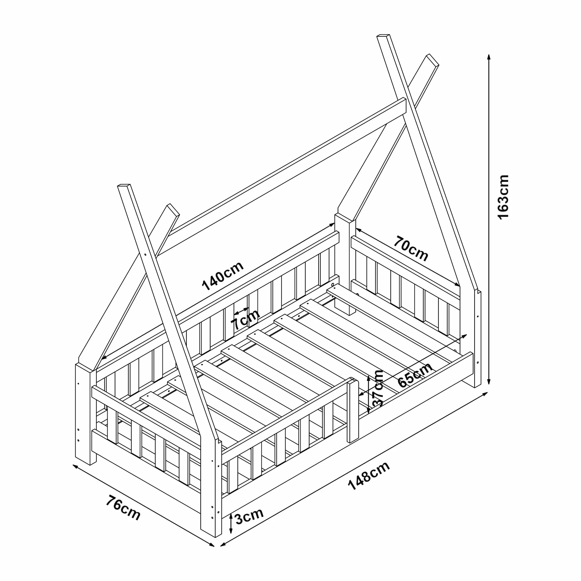 [en.casa] Helsingborg łóżeczko dziecięce 70 x 140 cm, z zabezpieczeniem przed wypadnięciem, stelaż lamelowy, namiot tipi, łóżko młodzieżowe, rama łóżka z drewna sosnowego, drewniane łóżko dla dzieci
