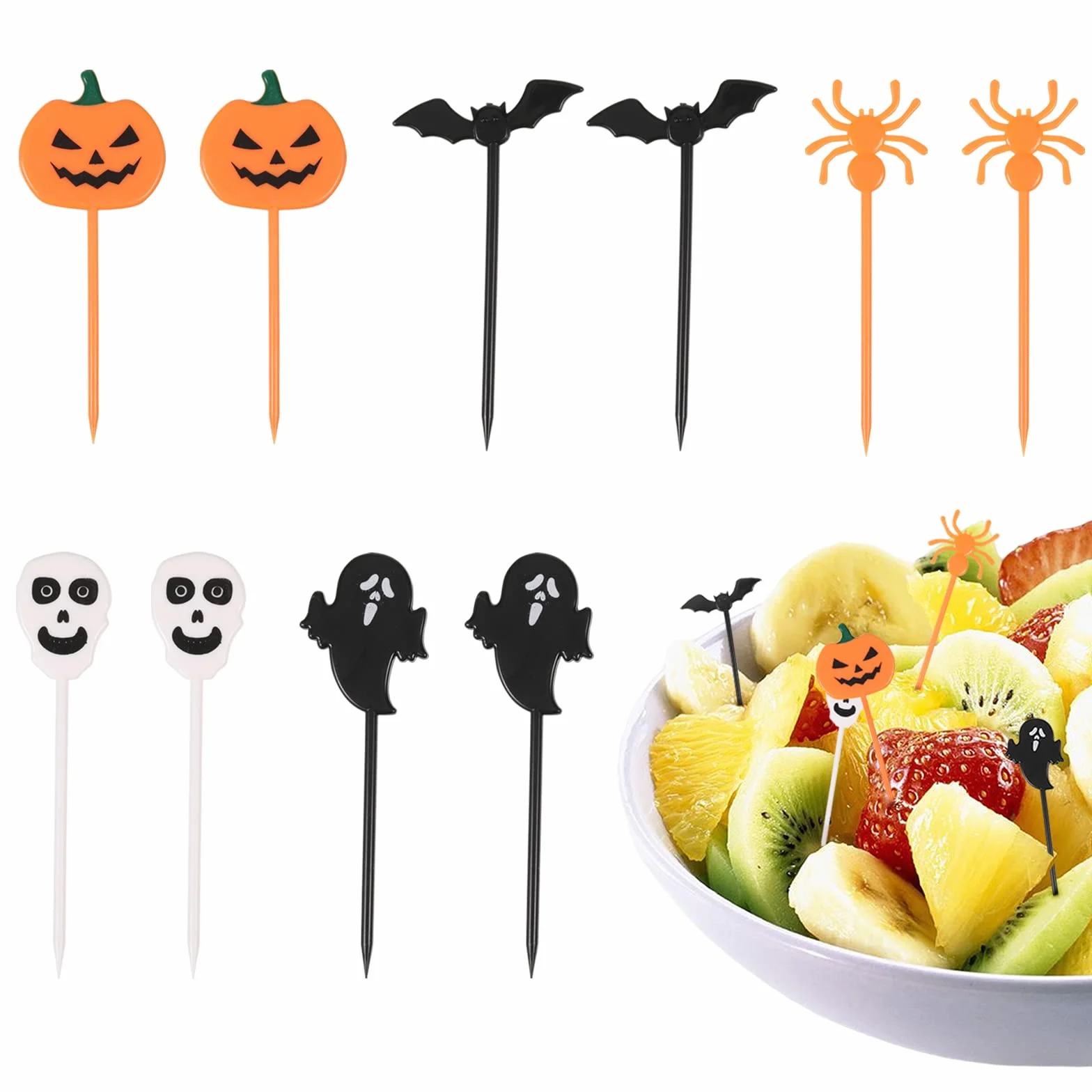 10 sztuk mini widelczyków do owoców na Halloween, do wielokrotnego użytku, dla dzieci, do dekoracji owoców, mini wykałaczki do żywności