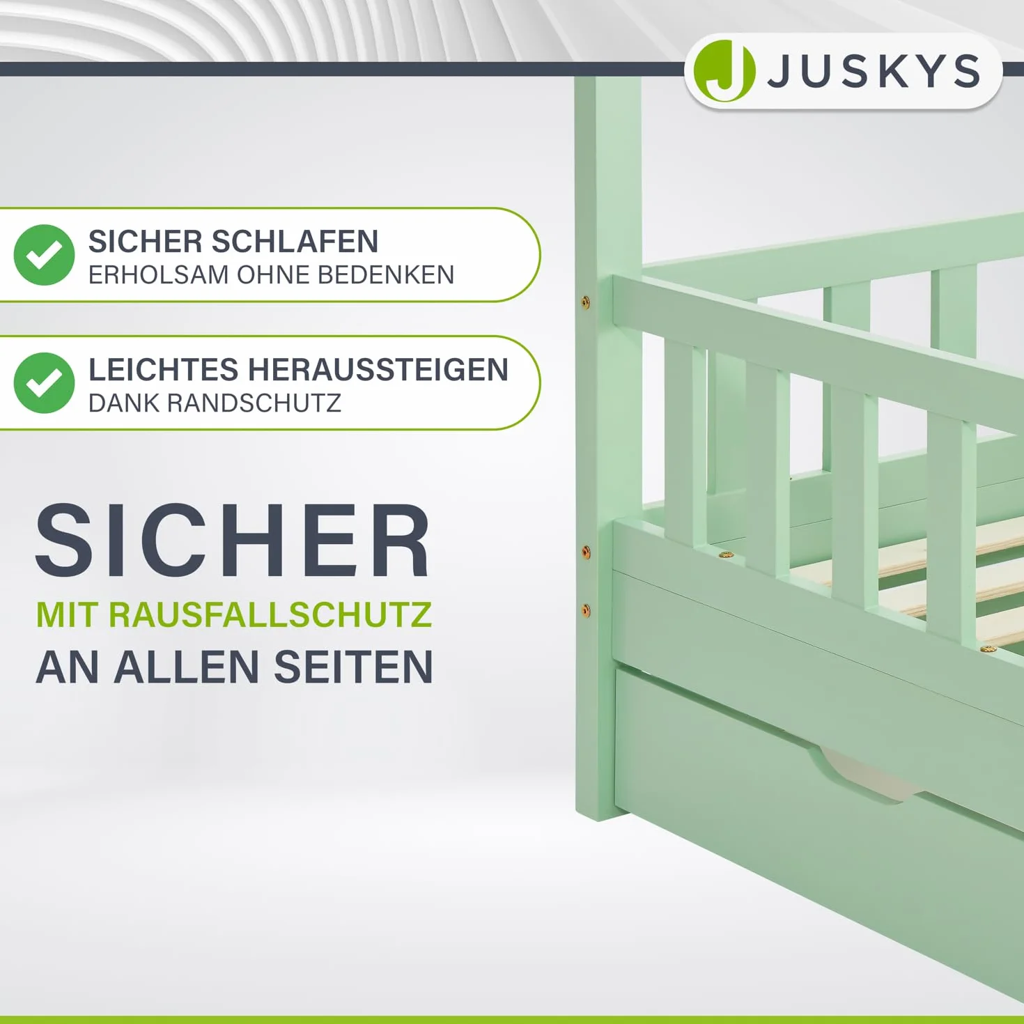 Juskys® Łóżko dziecięce Marli 80 x 160 cm ze skrzynią na pościel, 2-częściowe, ochrona przed wypadnięciem, stelażem i dachem – łóżko domowe z litego drewna dla dzieci – łóżko w kolorze miętowym