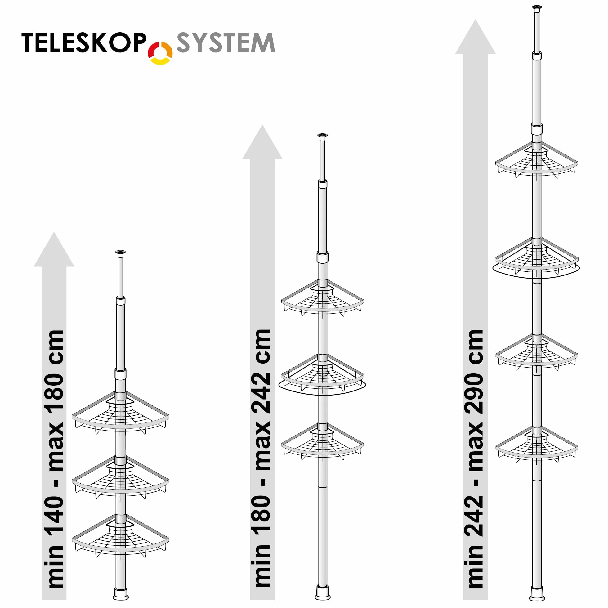 bremermann Teleskopowy regał narożny, 4 kosze, drążek teleskopowy do maks. ok. 290 cm (szary)