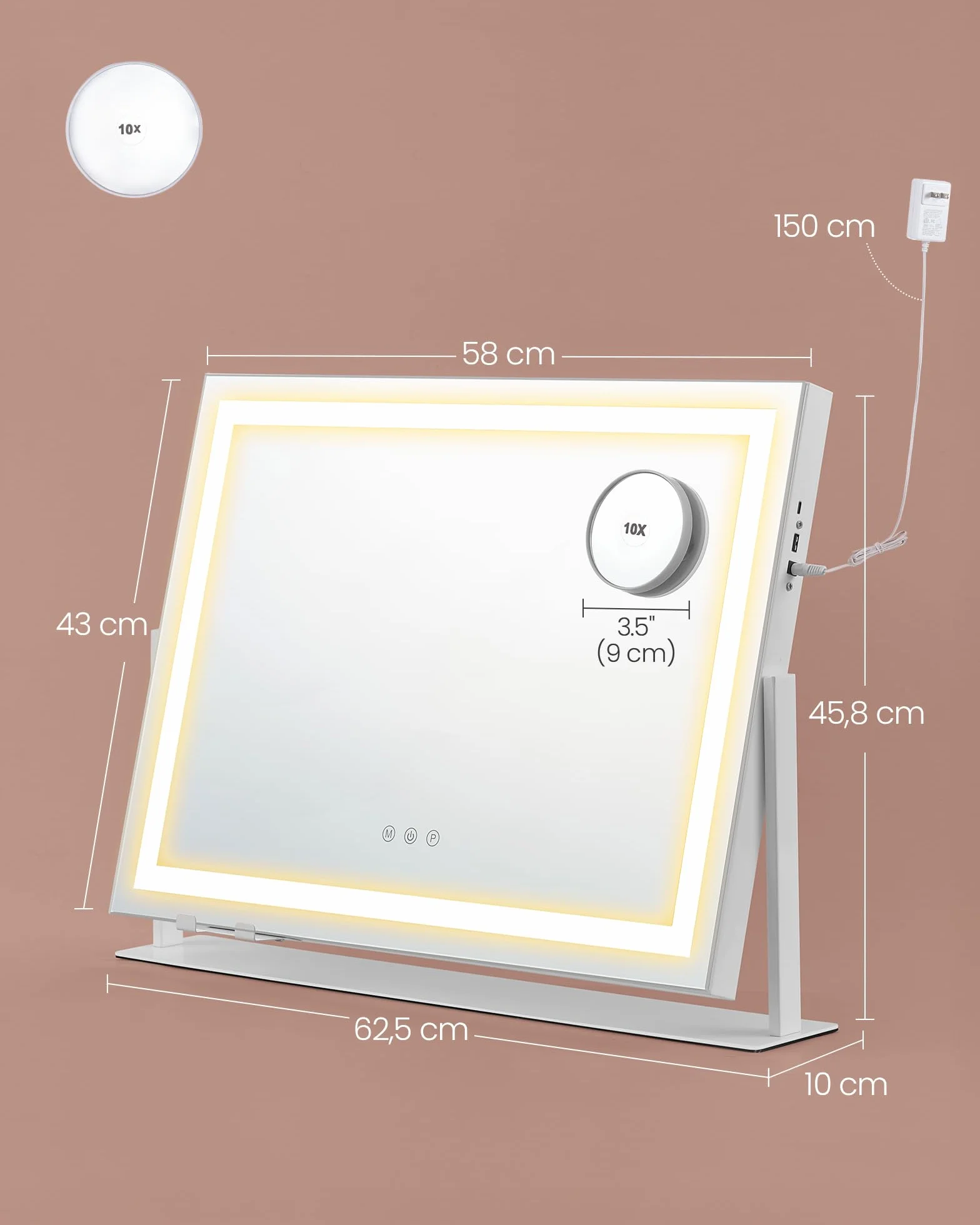 SONGMICS Lusterko kosmetyczne z oświetleniem, 58 x 43 cm, lusterko kosmetyczne z 15 żarówkami LED, z portami ładowania, sterowanie dotykowe, 3 kolory światła, możliwość ściemniania, uchwyt na telefon