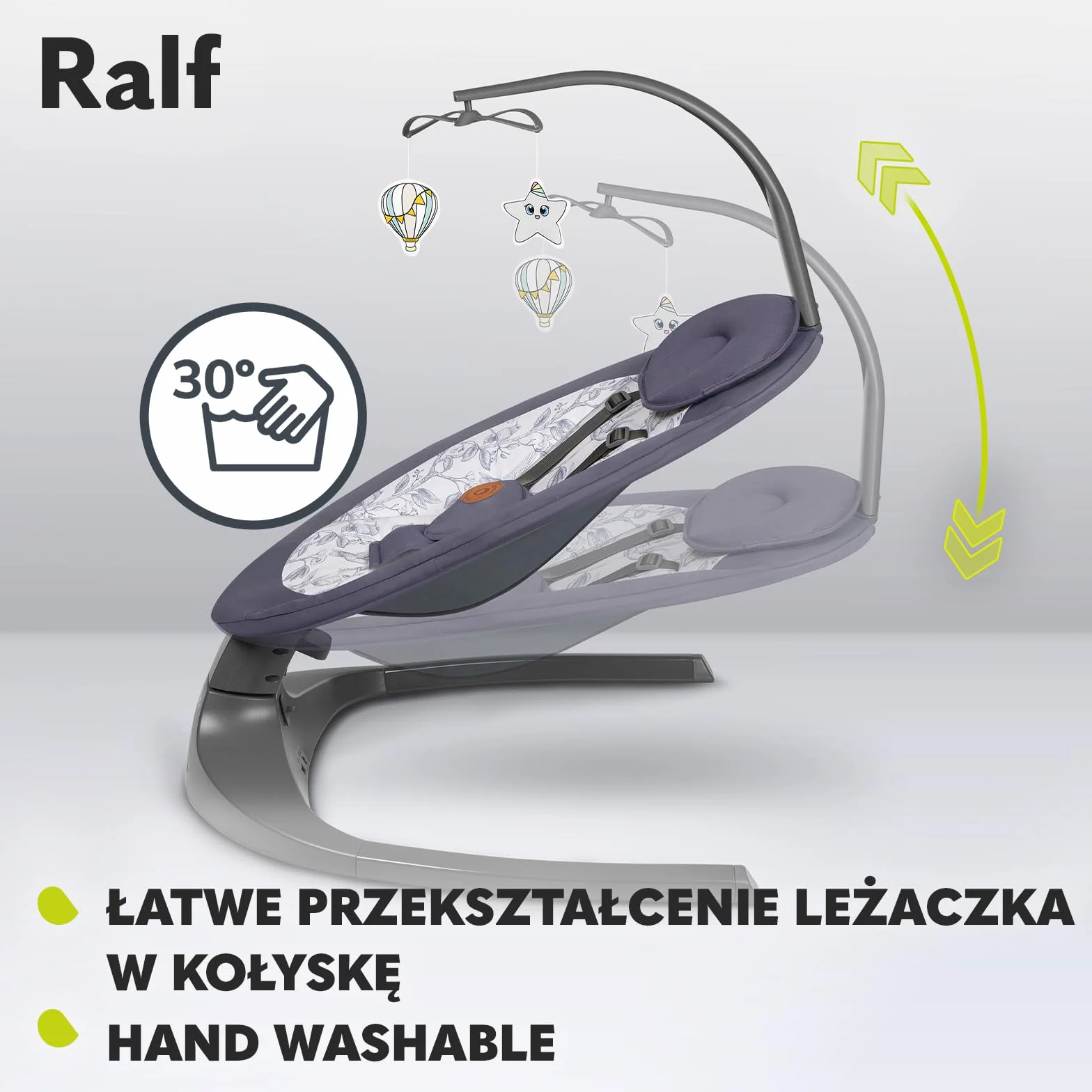 LIONELO Ralf 2w1 bujaczek i leżak dla dzieci, pilot, 12 melodii, dwa kierunki bujania, 5 prędkości bujania, blokada, regulacja oparcia, timer, cicha praca (Szary)