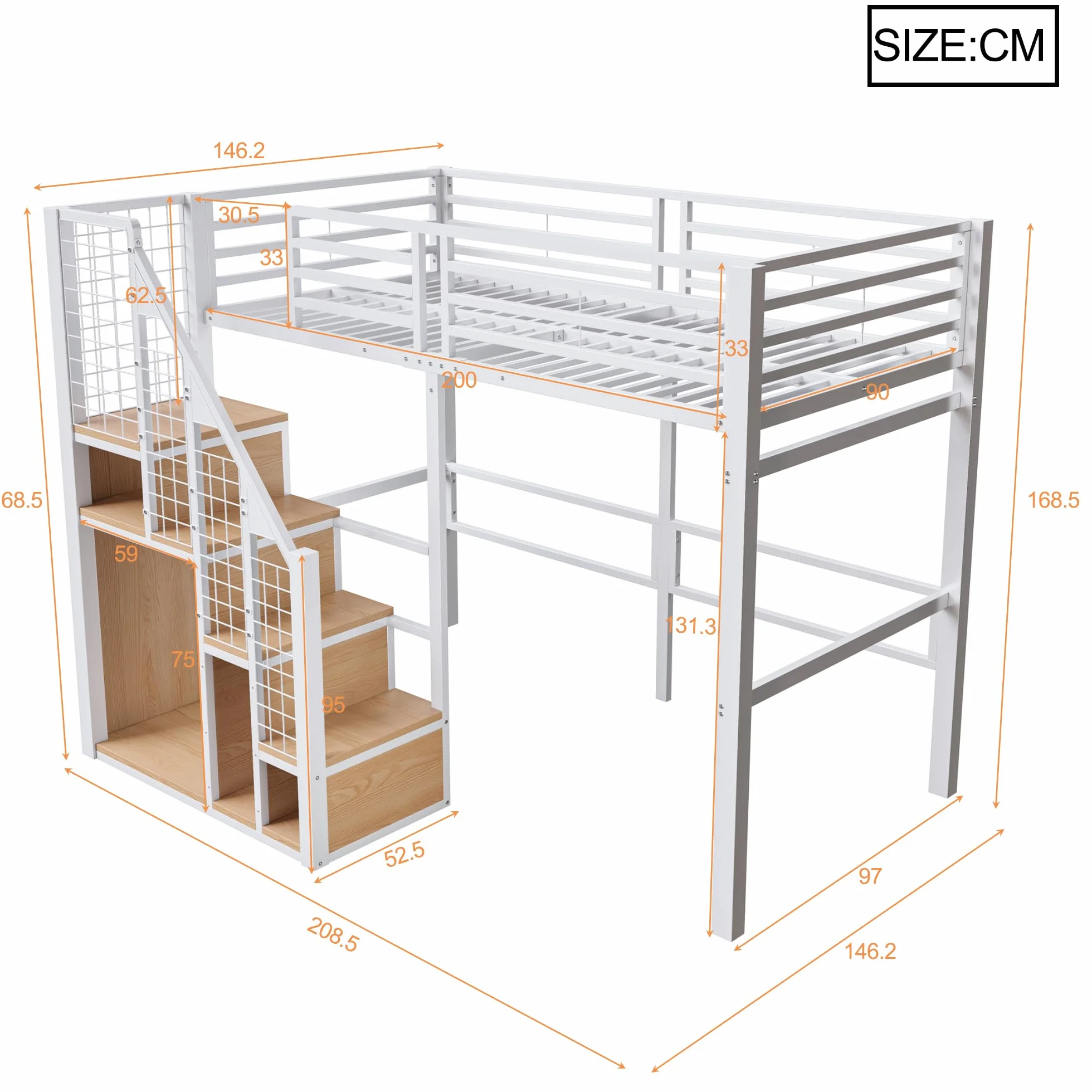 Łóżko piętrowe 90 x 200 cm, białe, z drążkiem na ubrania, ścianka kratkowa, żelazo, system spania, masywne łóżko metalowe, stabilne, dla dorosłych, studentów, do pokoju loft, wytrzymałe