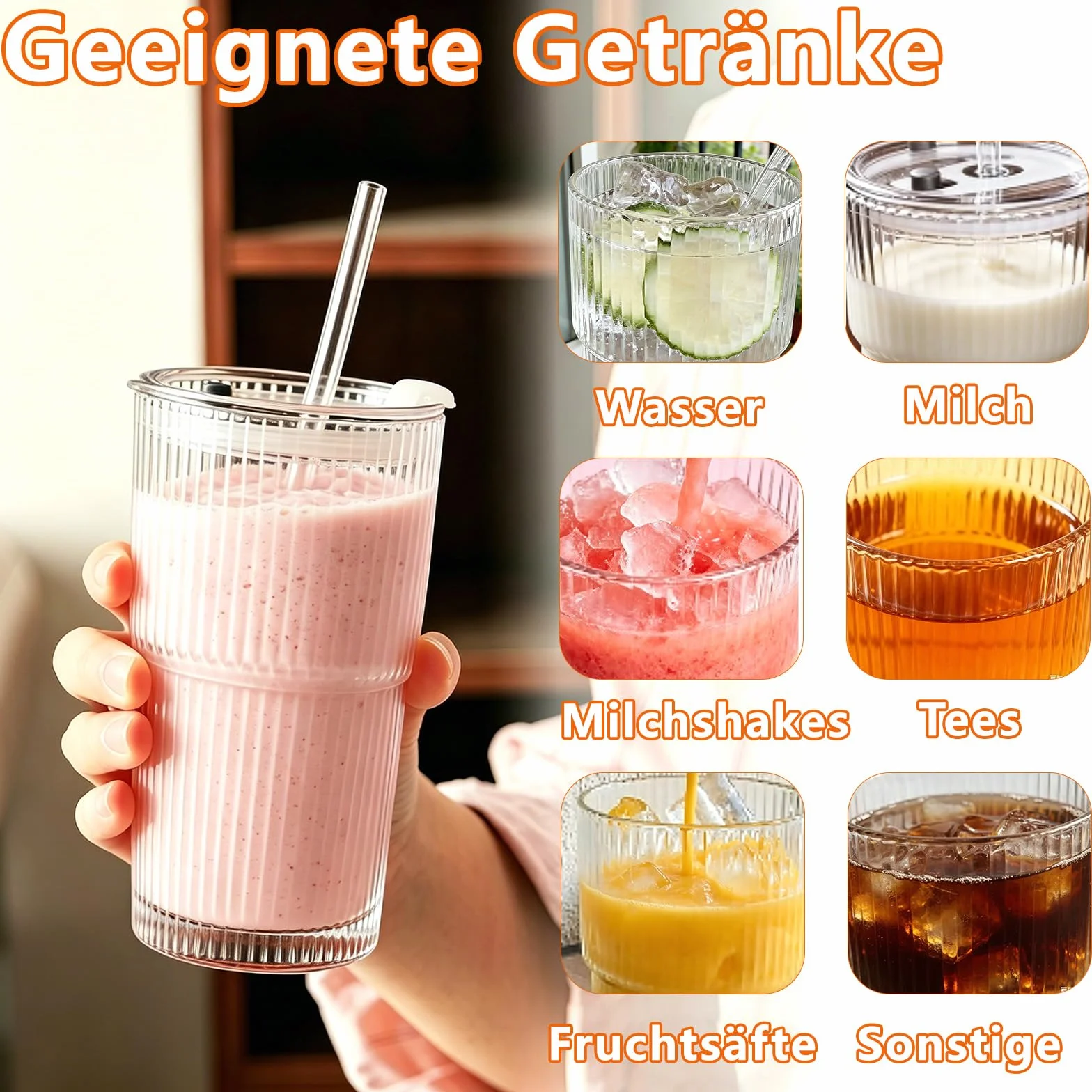 Szklane kubki z ryflowanym kubkiem, 2 sztuki, szklanki do drinków, szklanki do longdrinków, w paski, z pokrywką i słomką, 600 ml, kubek do smoothie, szklany kubek do herbaty, z pędzelkiem do