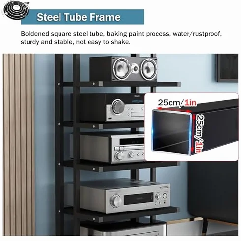 6-poziomowy mini stojak HiFi z kółkami, kompaktowy stojak na komponenty audio, gramofony, winylowe, odtwarzacze DVD i przechowywanie multimediów, solidna konstrukcja z drewna i stali do gier i sprzętu