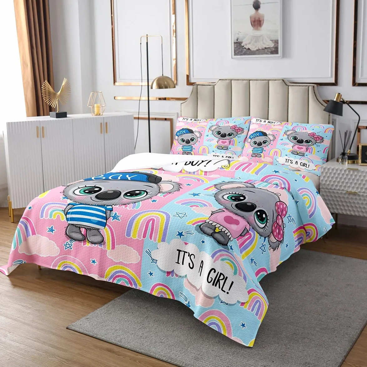 Urocza narzuta dla niemowląt, 240 x 260 cm, zestaw pościeli z nadrukiem tęczy dla dzieci i dorosłych, zwierzę Kawaii, niebiesko-różowa, zestaw pościeli z 2 poszewkami na poduszki, poliester