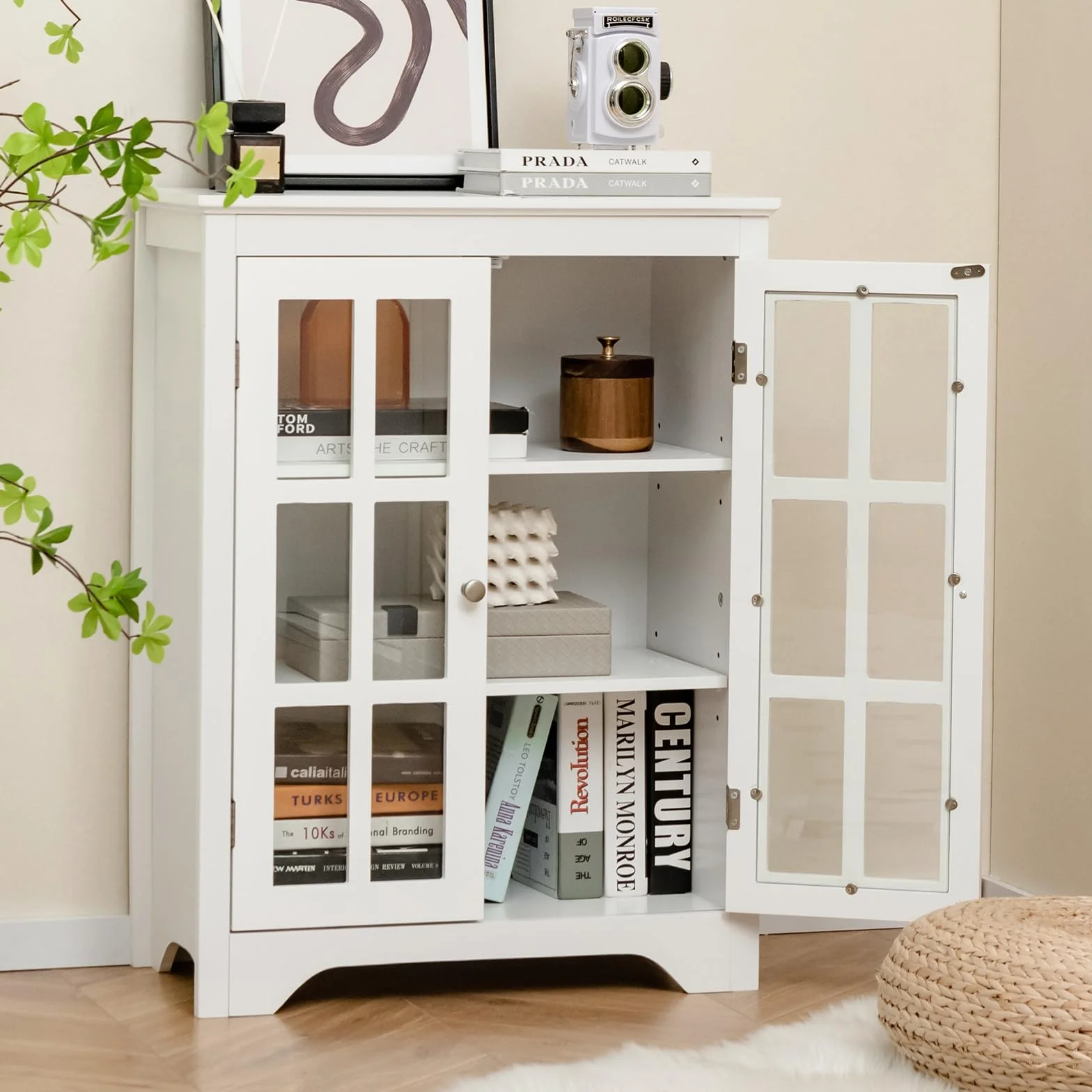 Szafka szklana biała 60x30x80 cm z regulowanymi półkami KOMFOTTEU