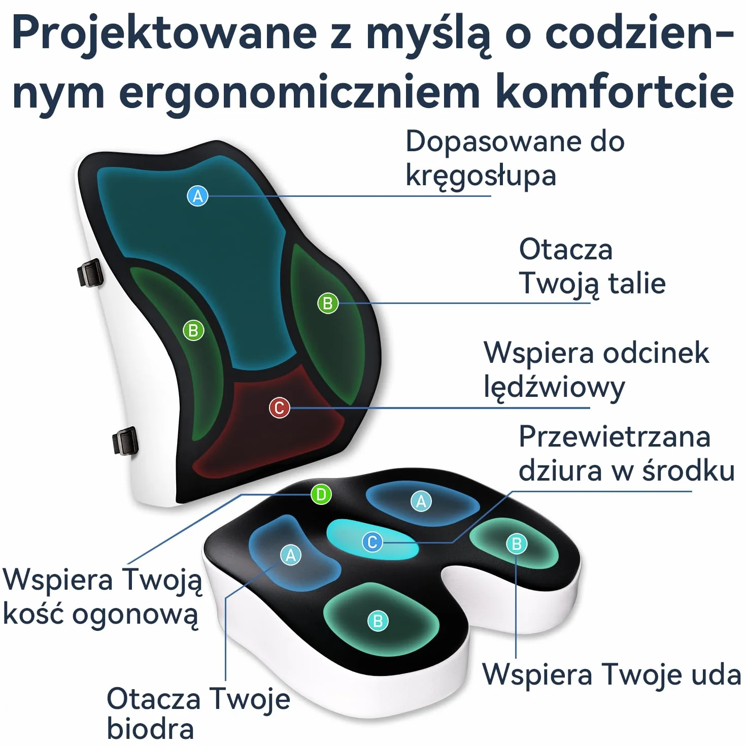 Travel Ease Zestaw Poduszki do Siedzenia i Poduszki Lędźwiowej z Pianka Pamięciowa, Ergonomiczny Komfort do Krzesła Biurowego, Samochodu, Domu i Podróży, Wsparcie dla Pleców i Pośladków, Czarny