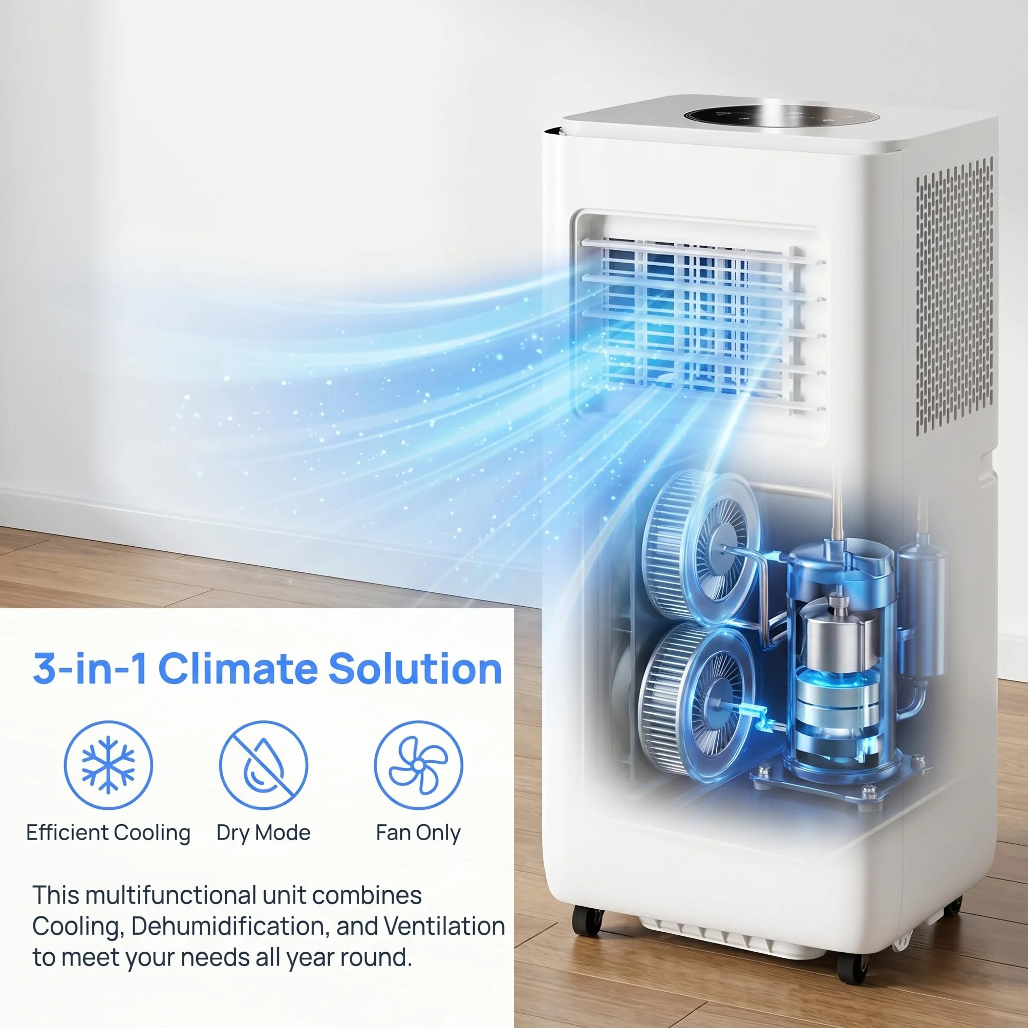 Przenośny klimatyzator 12000 BTU, chłodzenie 300 m2, inteligentny klimatyzator z osuszaczem, wentylator, 24-godzinny timer i pilot zdalnego sterowania, oscylacja 120°