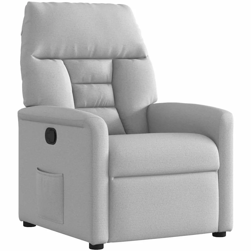 Fotel relaksacyjny w kolorze szarego materiału z ręczną funkcją leżenia, ergonomiczny, wygodny, z drewnianą ramą metalową, do salonu, biura, do czytania i wypoczynku