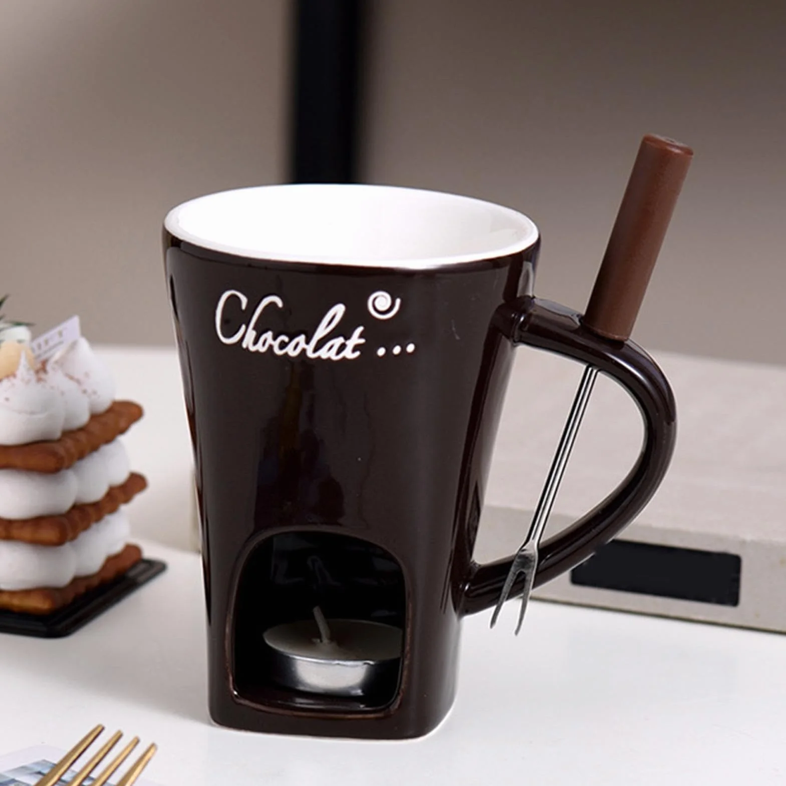 Zestaw kubków do fondue czekoladowego, ceramiczny kubek do topienia z podgrzewaczem