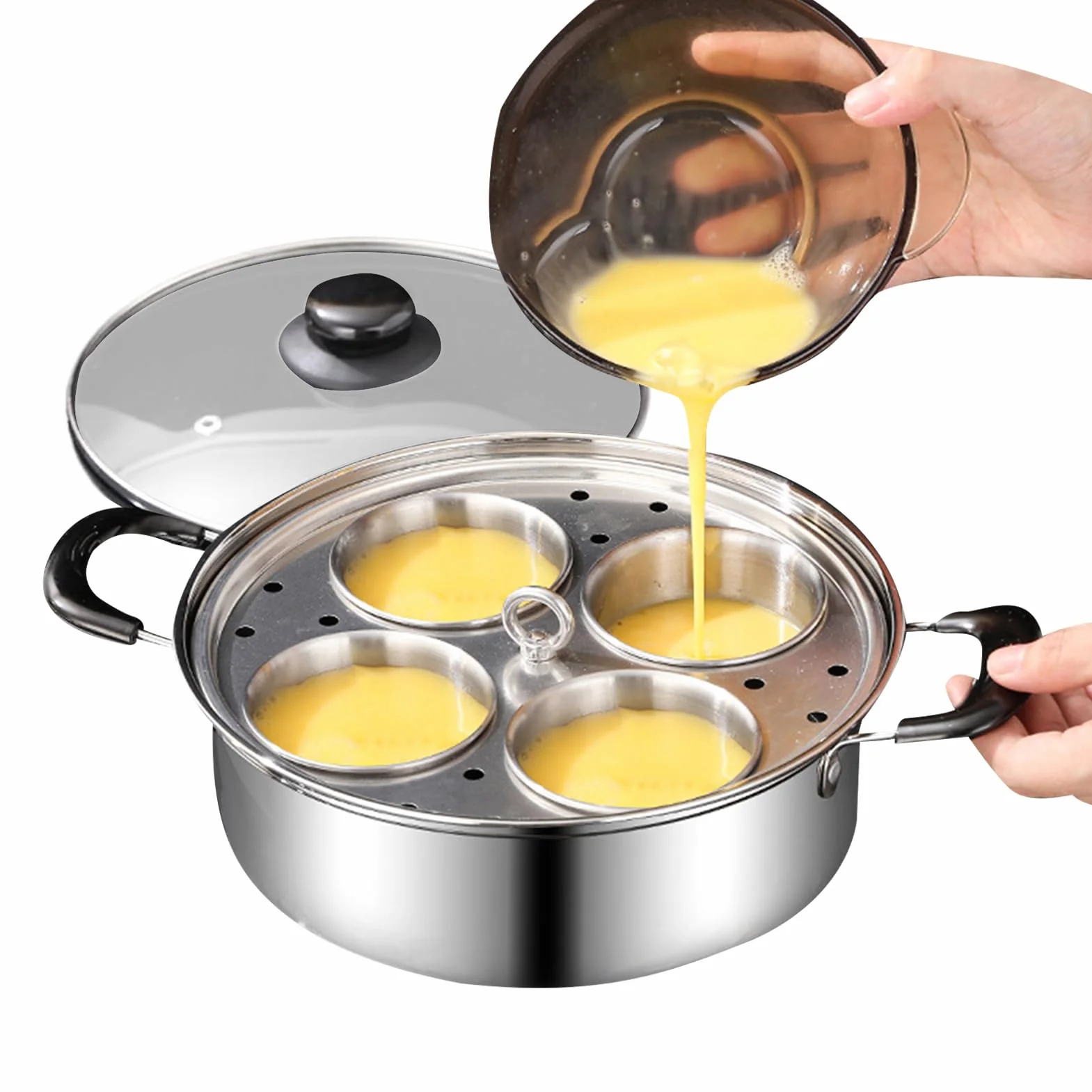Stainless Steel Egg Poacher, 4-Cup Non-Stick Steamer, 7.87-Inch Diameter Poached Egg Maker, Rust-Resistant Kitchen Cooker, Elegant Breakfast Pan with Modern Style, Cooking Gear for Brunch