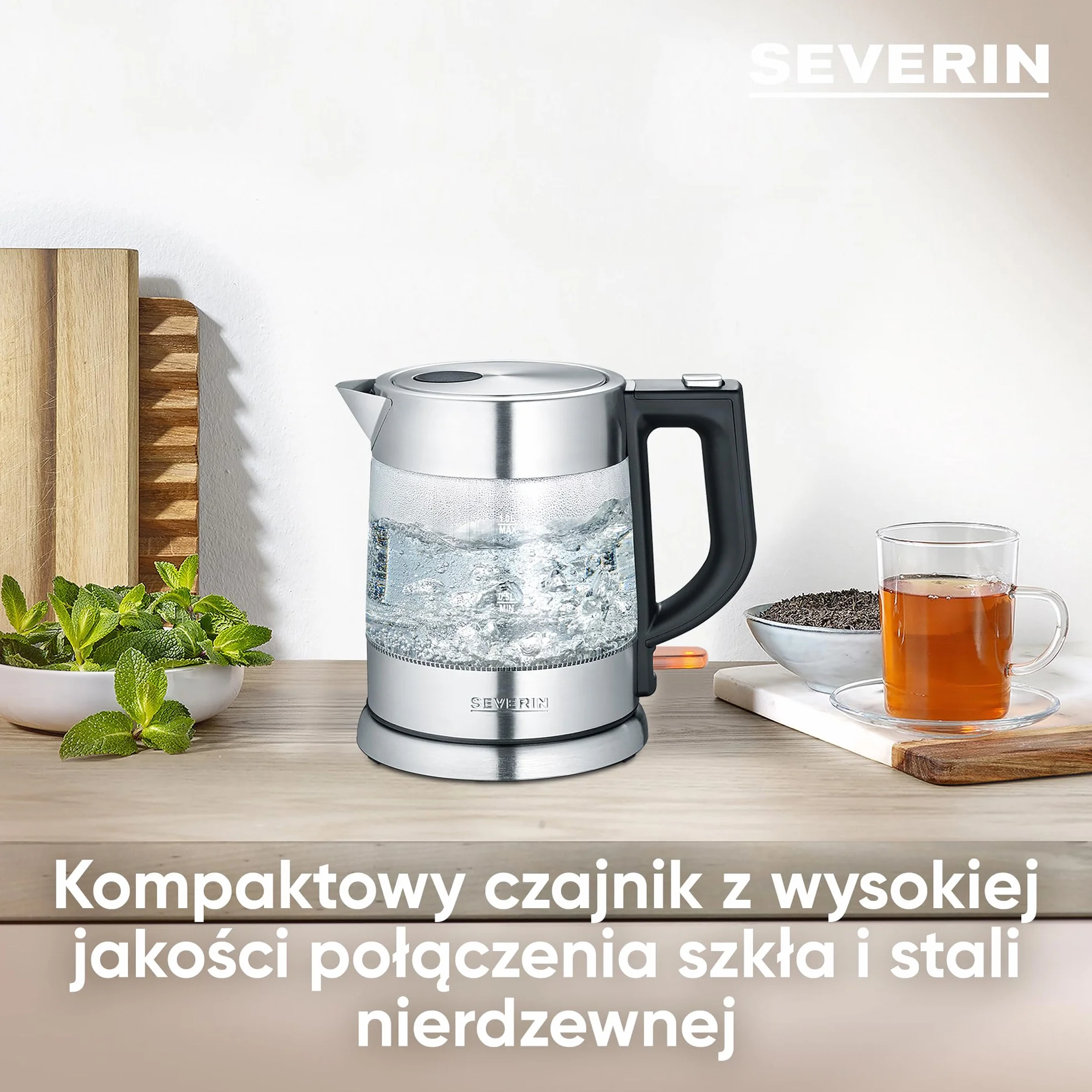SEVERIN Czajnik szklany, mocny i kompaktowy czajnik wysokiej jakości, czajnik elektryczny z filtrem wapiennym, stal nierdzewna/czarny, WK 3468