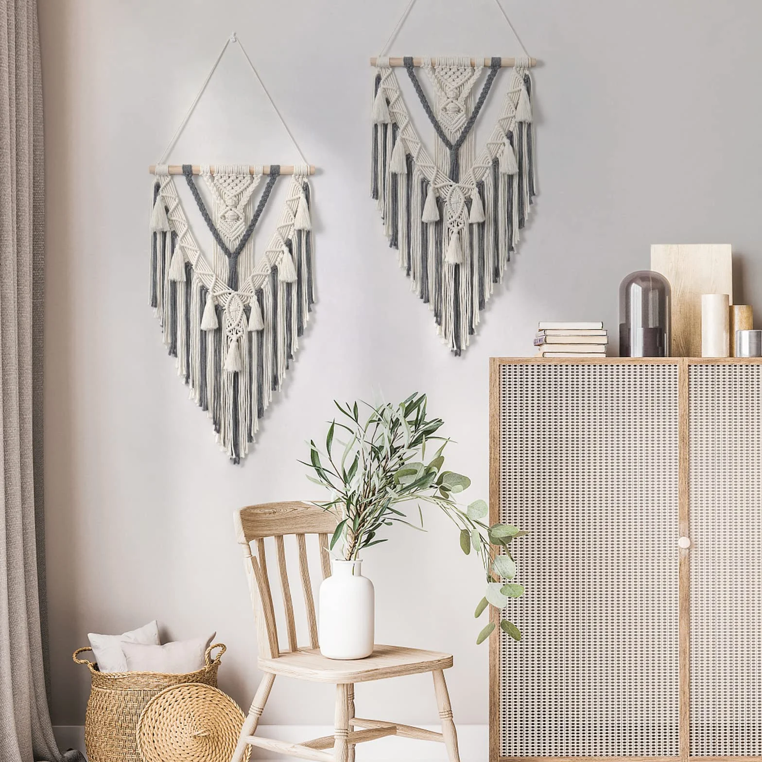 Dremisland Boho makrama wiszący geometryczny tkany gobelin beżowo-szary bawełna ręcznie robiony z frędzlami