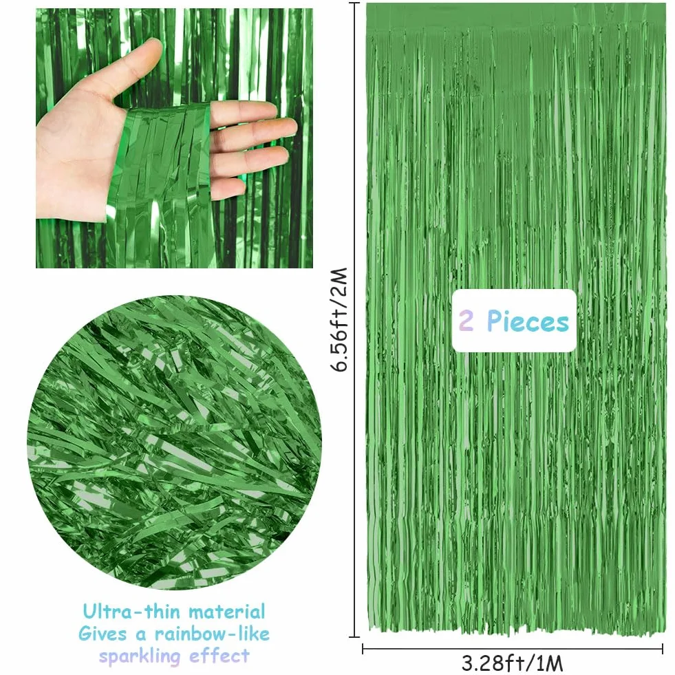 2 szt., 1 x 2 m, zasłona z frędzlami z folii aluminiowej, do zawieszania drzwi, serpentyny imprezowe, dekoracje na przyjęcie urodzinowe, ślub, Boże Narodzenie, tło fotograficzne, zielone