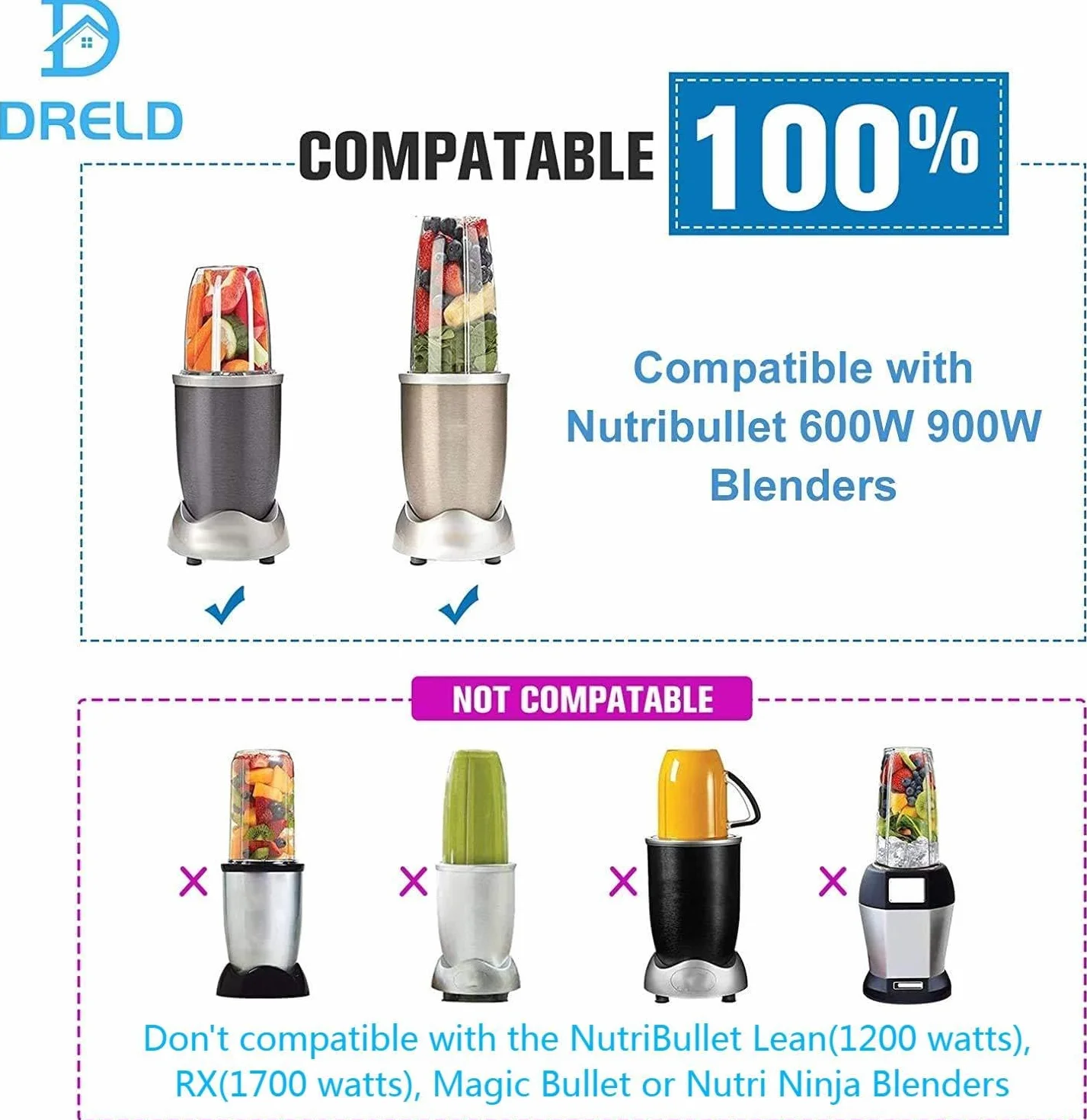 Dreld Zestaw 2 kubków 530ml z płaską pokrywką, części zamienne kompatybilne z blenderem sokowirówką Nutribullet 600W 900W (530ml)