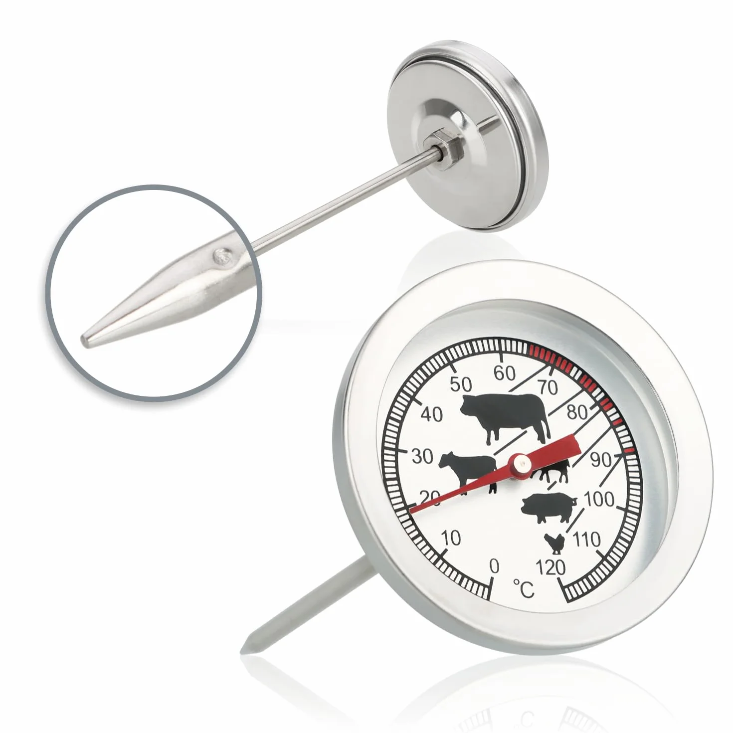 COM-FOUR® Termometr do pieczeni ze stali nierdzewnej - analogowy termometr do miesa do 120 °C - termometr do grilla - igla do miesa - 10 cm (001 sztuk)