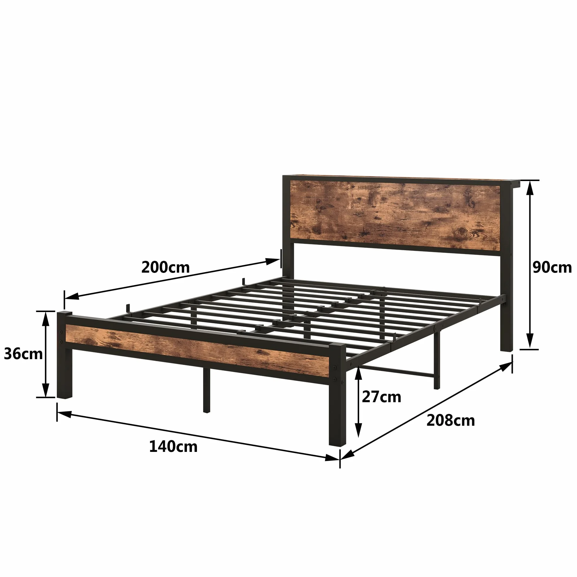 HOMERECOMMEND Rama łóżka 140 x 200, łóżko podwójne 140 x 200 cm, stelaż z metalu, łóżko dla gości do małych pomieszczeń, kolor czarny i brązowy
