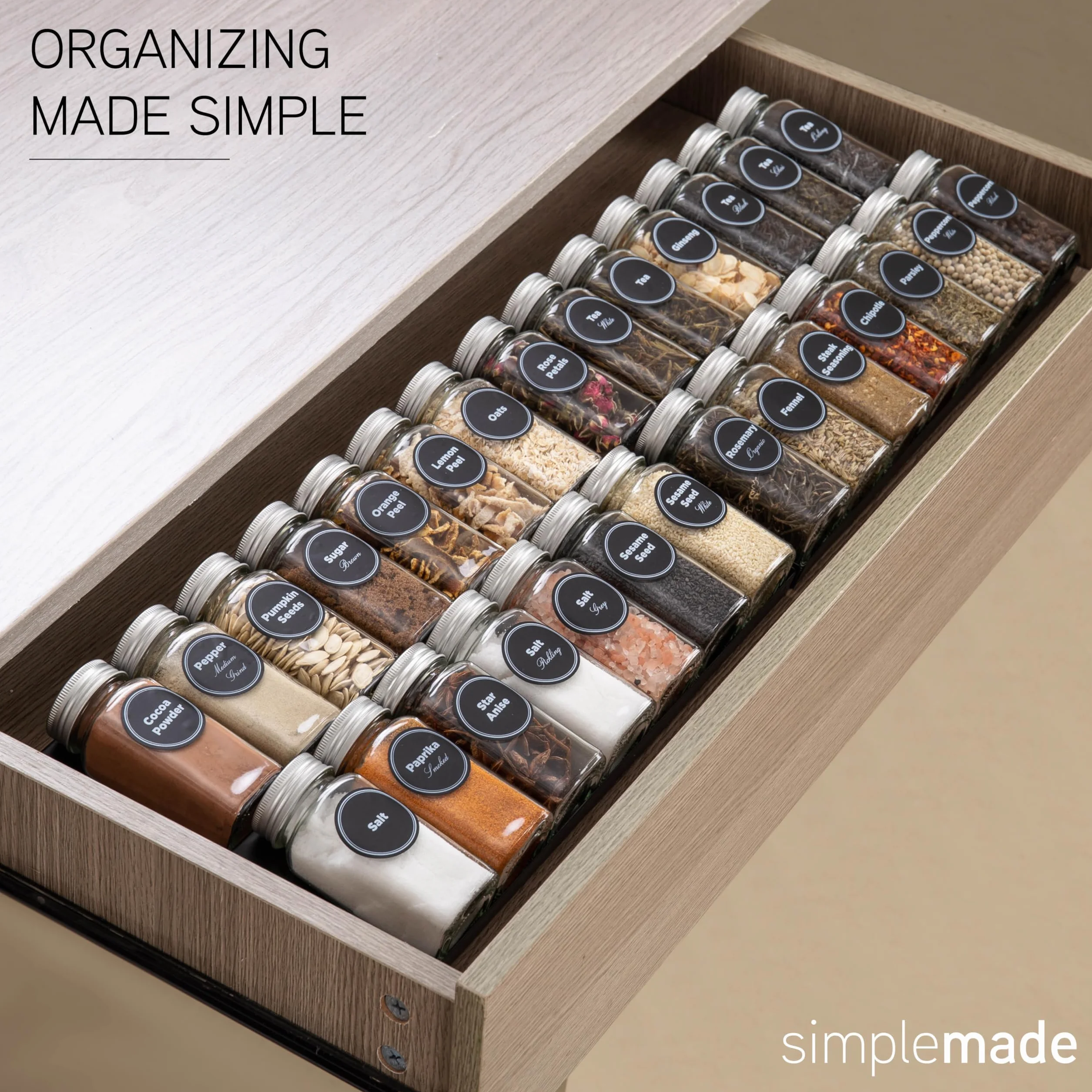 simplemade - Organizer do szuflad, stojak na przyprawy do kuchni, 4-poziomowy czarny organizer na przyprawy z 28 słoikami i etykietami z długopisem, silikonowy lejek, 33 cm na 44,5 cm