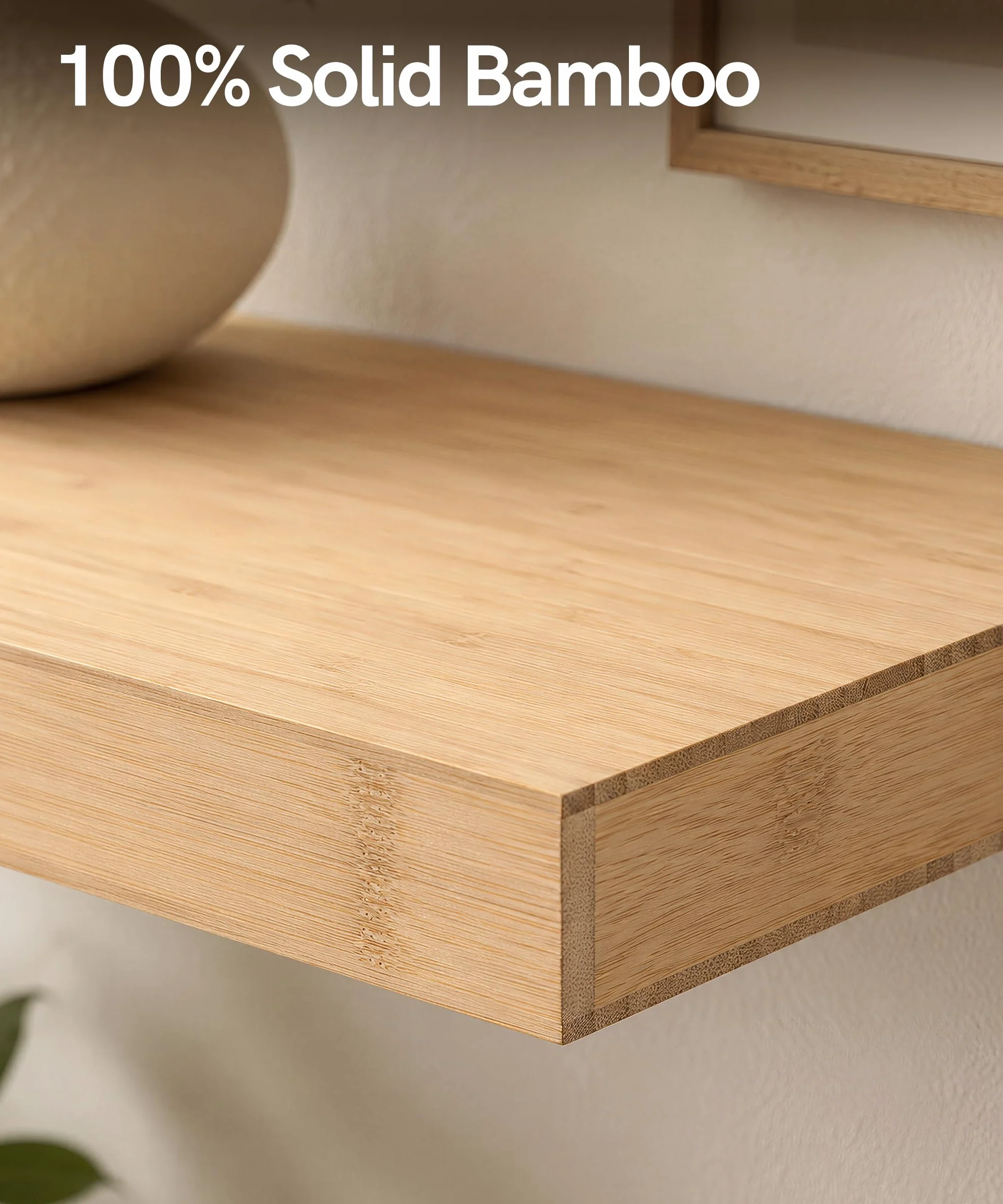 Afuly Zestaw 2 półek ściennych z czystego bambusa w kolorze naturalnym, prosty kształt, z żelaznym uchwytem, długość 60 cm, do salonu, sypialni, korytarza