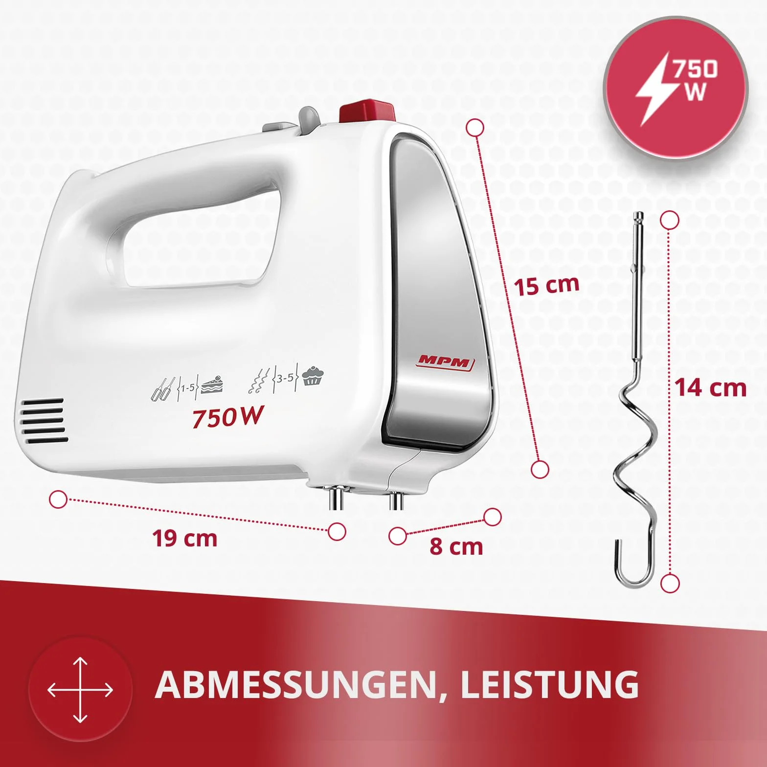 MPM MMR-19 mikser ręczny – mikser ręczny – 750 W, trzepaczka do ciasta hiszpanskiego i haczykiem do wyrabiania ciasta drożdżowego/chleba – 5 prędkości i turbo – elektryczny (biały)
