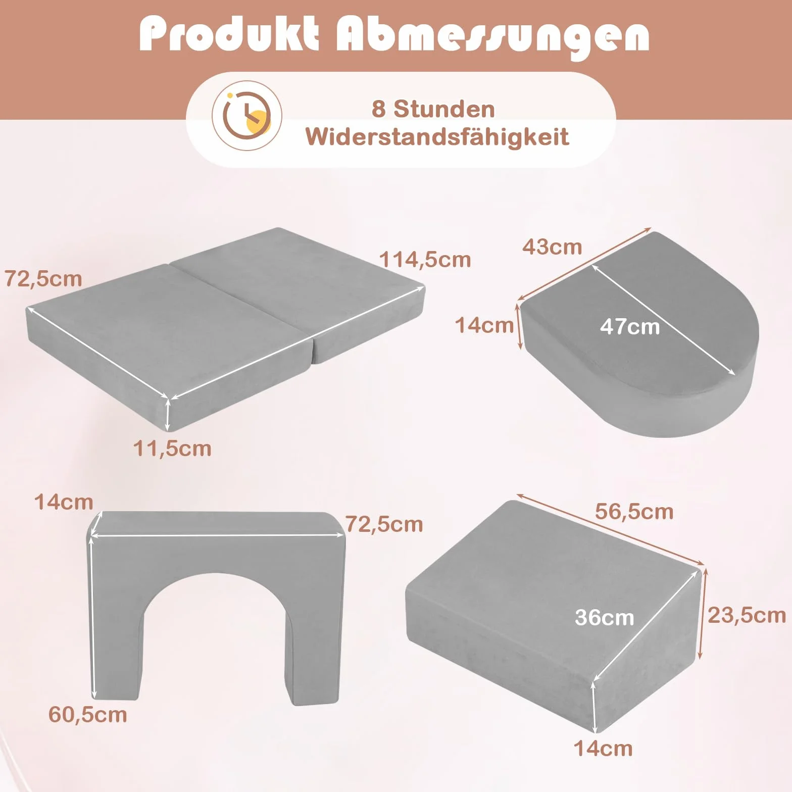 COSTWAY Sofa dziecięca 8-częściowa, sofa do zabawy z pianki z klocków z wygodnego zamszu, modułowa sofa do zabawy dla dzieci (szara)