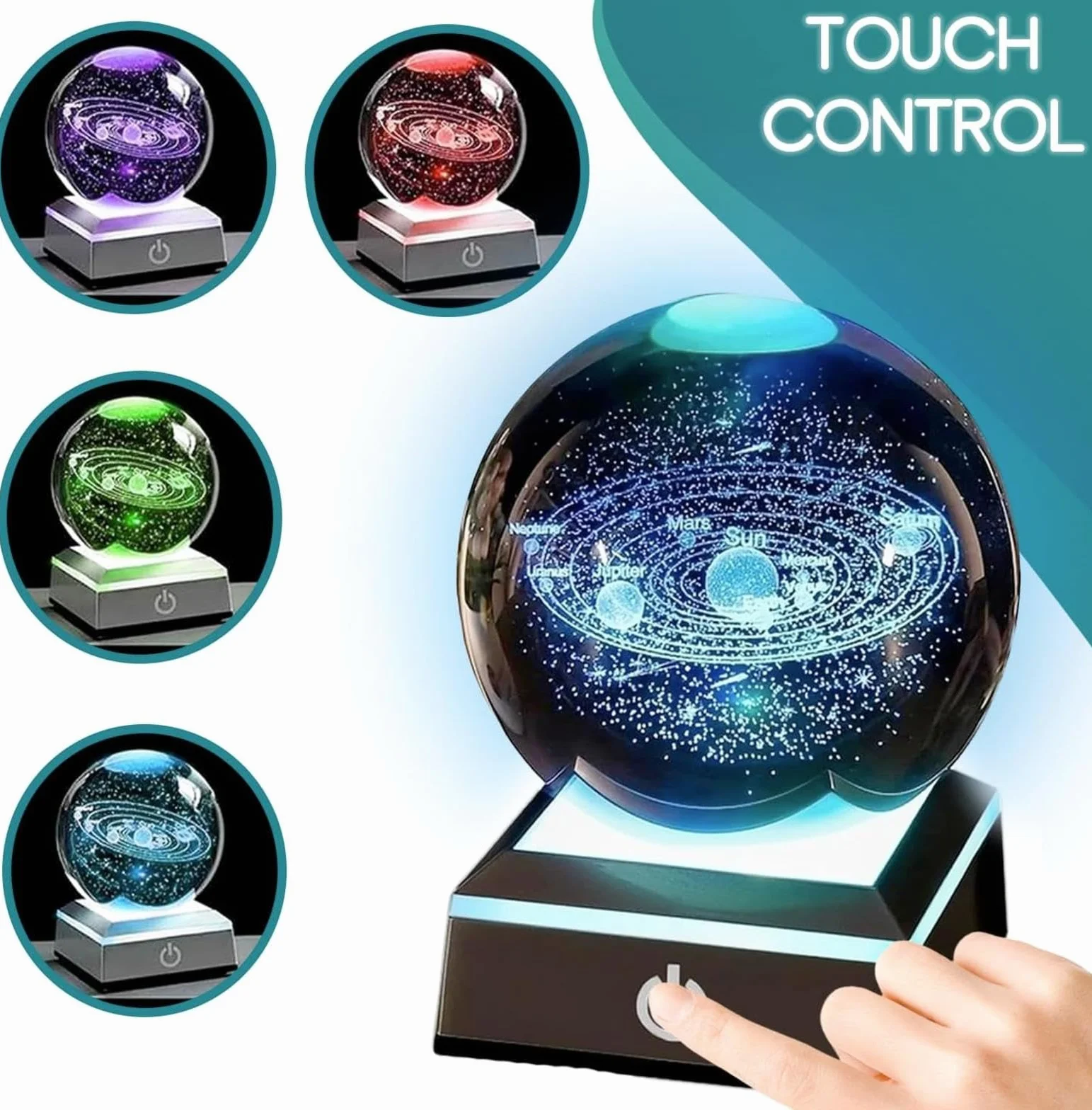 Kryształowa Kula Układ Słoneczny 3D LED 8cm Grawerowany z Nazwami Planet Dekoracja Nocna Prezent dla Dzieci