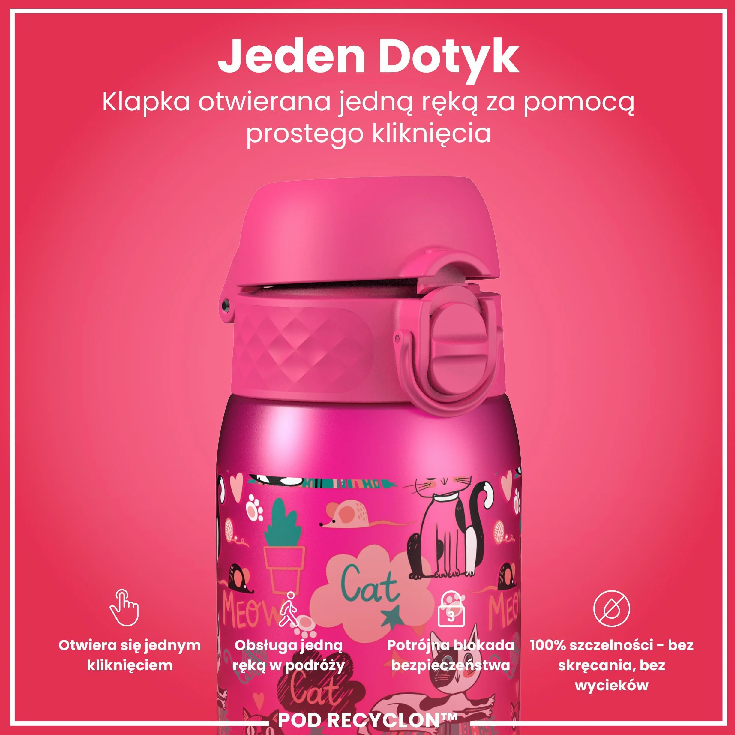 ION8 Butelka dla Dzieci, 350 ml/12 oz, Szczelna, Łatwa do Otwarcia, Bezpieczny Zamek, Można Myć w Zmywarce, Bez BPA, Uchwyt do Przenoszenia, Łatwa do Czyszczenia, Bezwonny, Koty