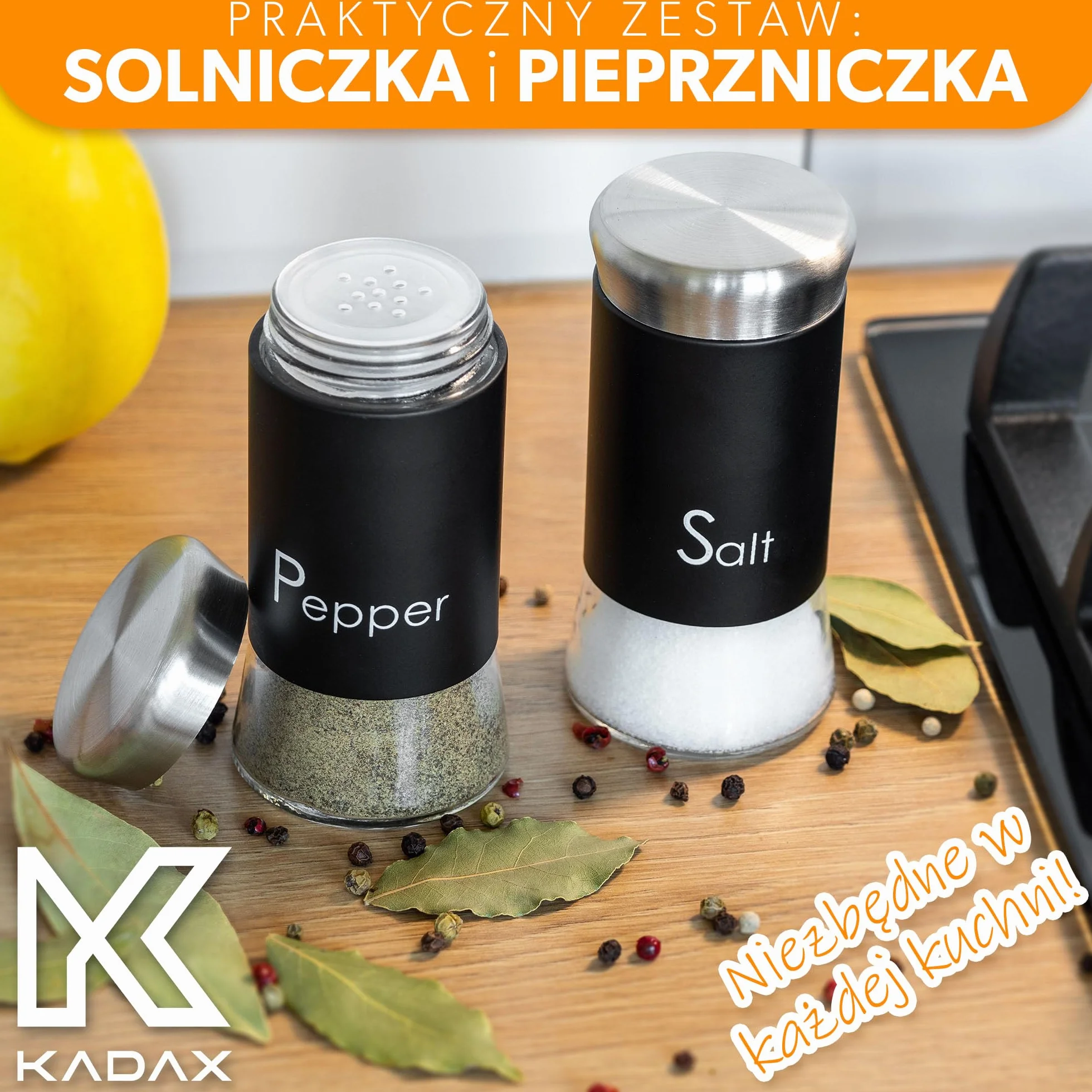 KADAX Zestaw 2 szt. przyprawników kuchennych - solniczka i pieprzniczka 150 ml ze szkła i stali nierdzewnej, z pokrywką, czarne wykończenie