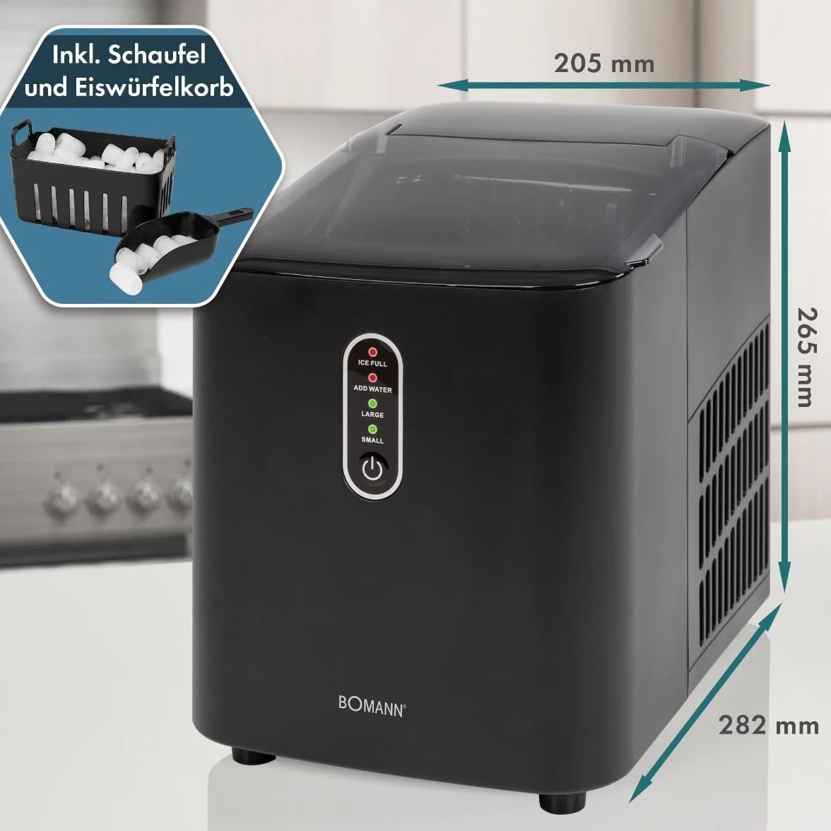 Bomann® Kostkarka do lodu szybka produkcja – kostki lodu w 10 minut | do 10 kg lodu w ciągu 24 godzin | maszyna do kostek lodu o 2 rozmiarach i zbiornik na wodę 1,1 l | w zestawie szufla do lodu | EWB