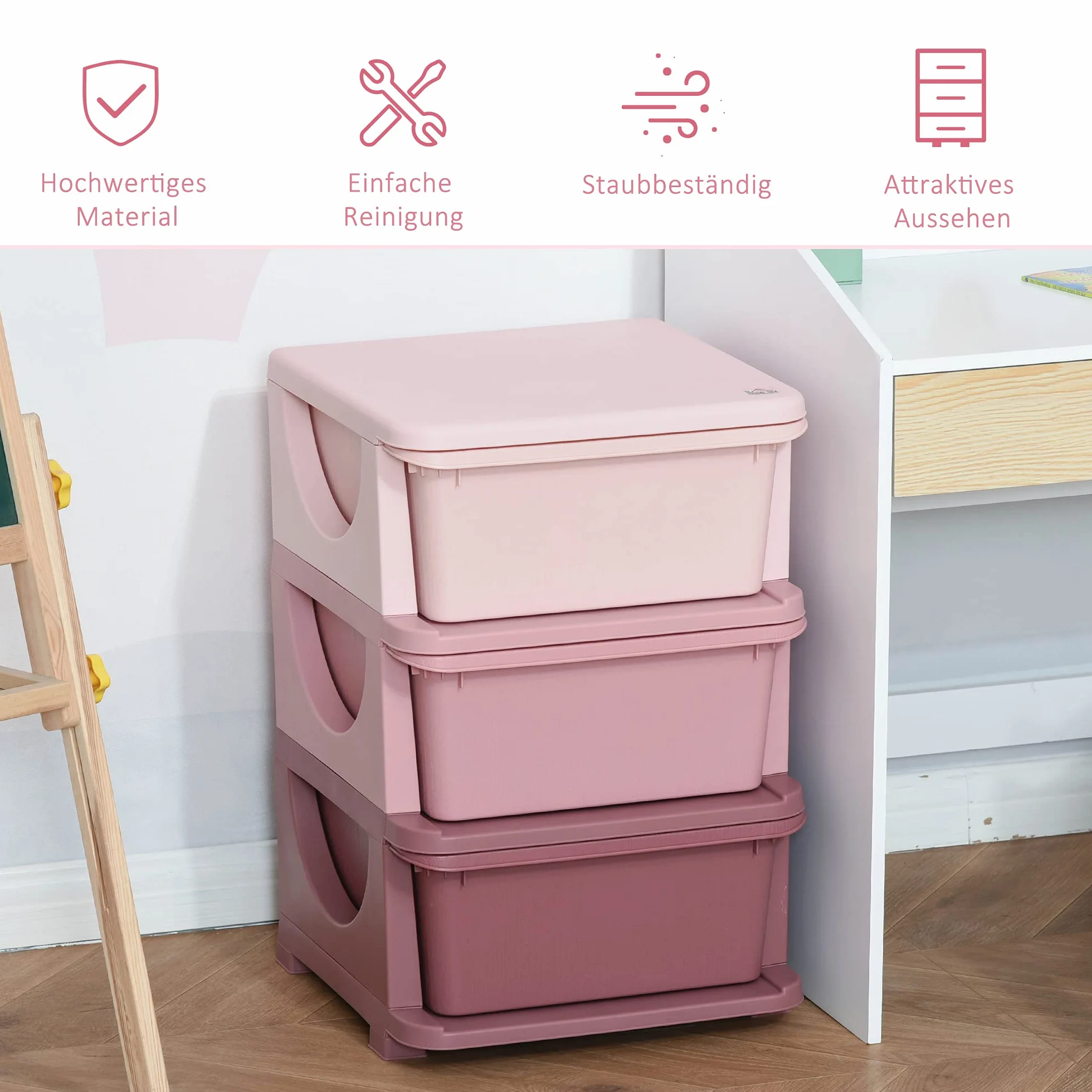 HOMCOM ławka dziecięca ze skrzynią, schowek, skrzynia na zabawki z trzema poziomami szuflad Organizer na zabawki do pokoju dziecięcego 3–6 lat, mebel dziecięcy, różowy, 37 x 37 x 56,5 cm