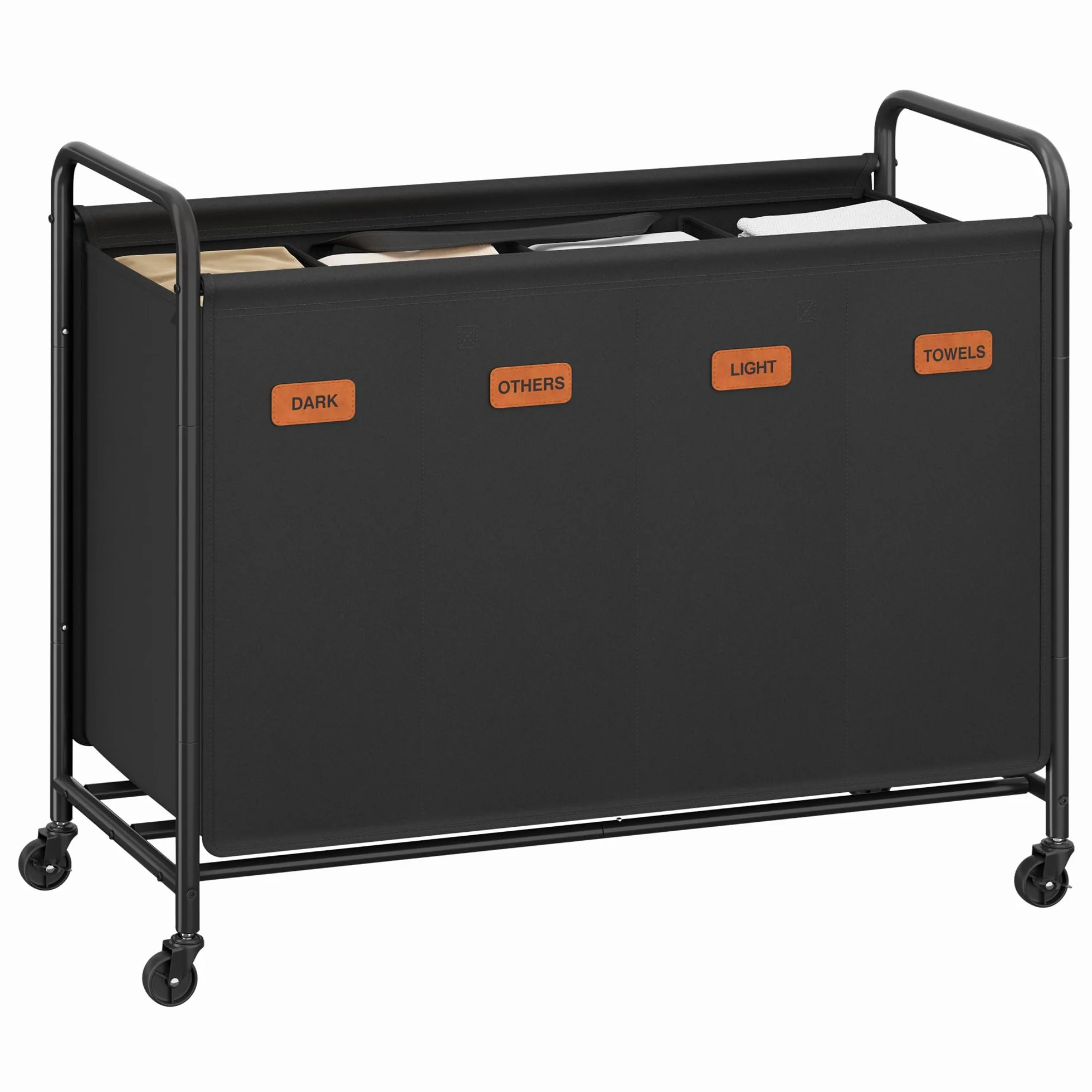 SONGMICS Rolling Laundry Basket 4-komorowy 200-litrowy sorter prania mobilny wózek czarny RLS460B01