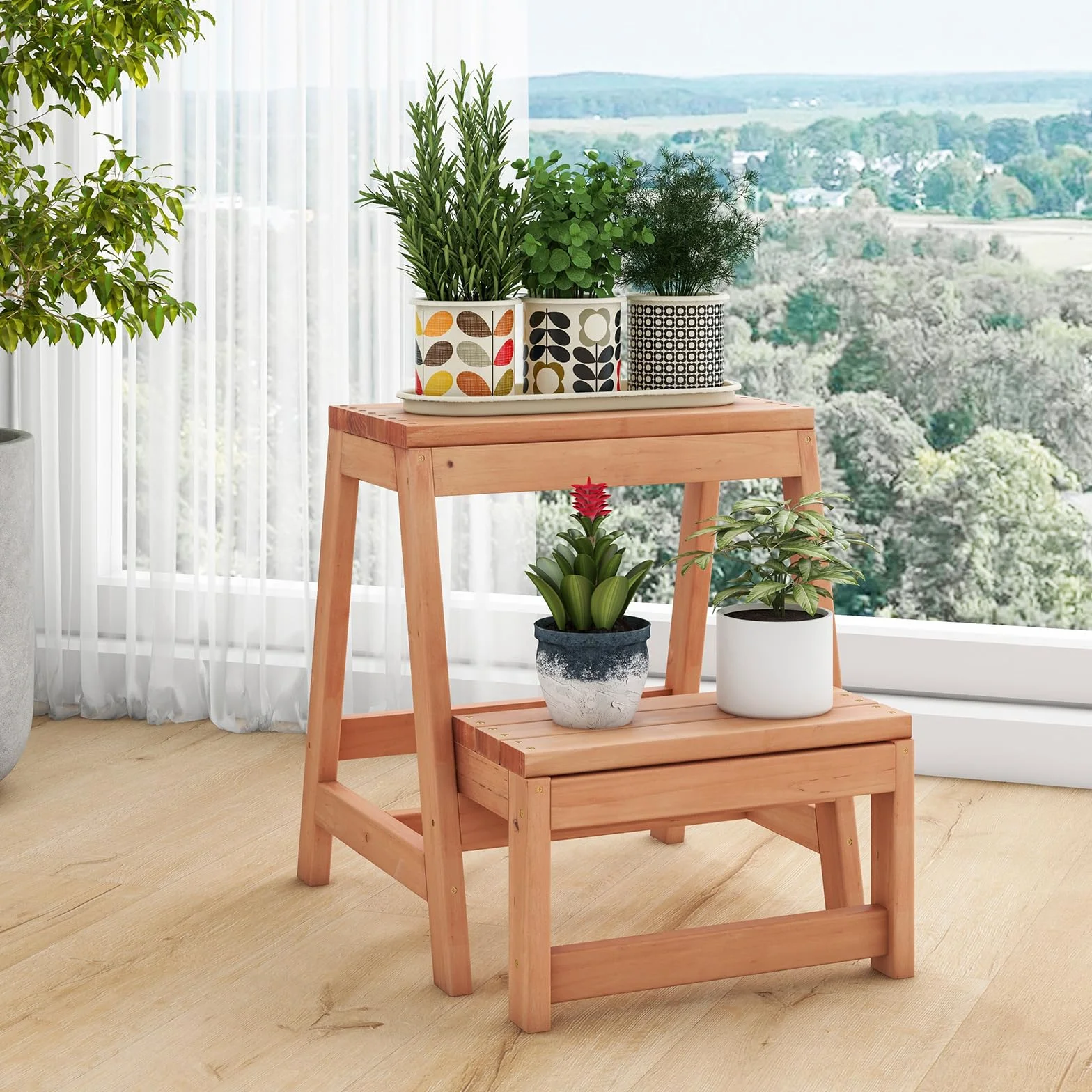 COSTWAY 2-stopniowy taboret składany, krzesło drabinkowe, obciążenie do 250 kg, drabinka z drewna świerkowego, drabina domowa, naturalna drabina do bibliotek lub domu, 50 x 39 x 45 cm