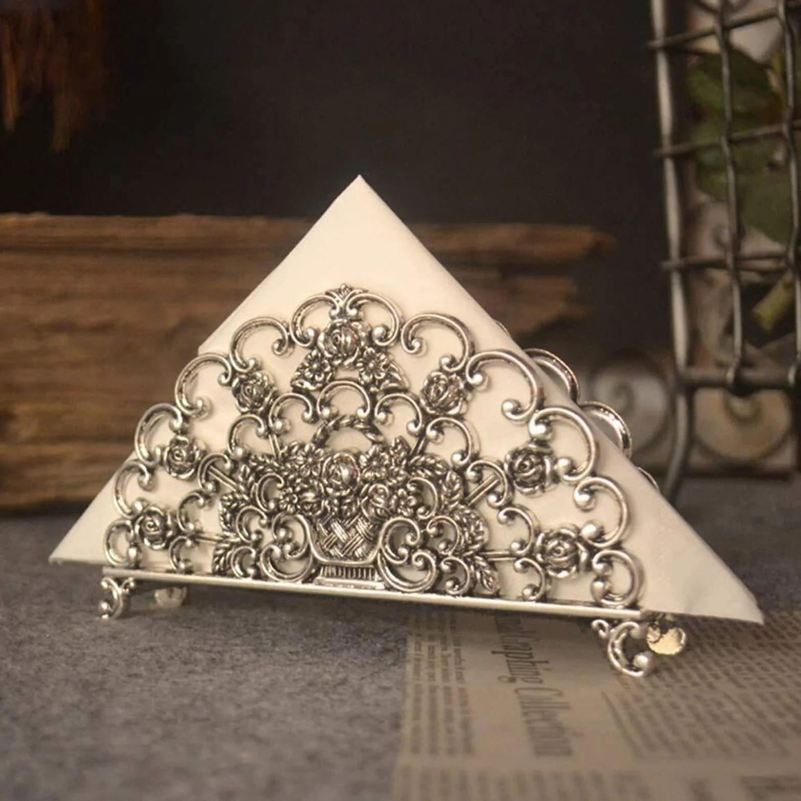 Serwetnik w stylu vintage, organizer na papier ze stopu cynku, pusty stojak kwiaty do jadalni, kuchni, kawiarni, pikniku, retro(Silver)