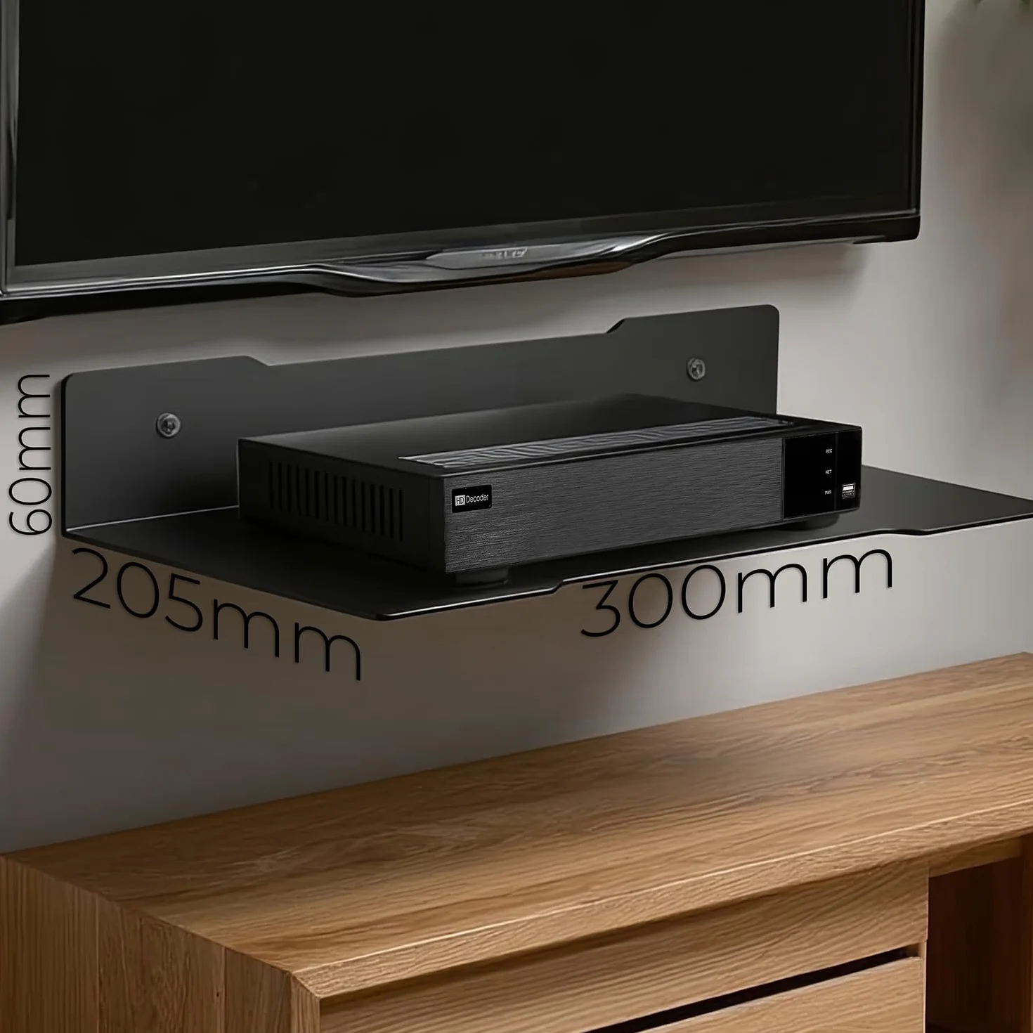 Maclean MC-122 Czarna stalowa półka ścienna, 300 x 205 mm, kompaktowy uchwyt 5 kg na dekoder, router, czyste prowadzenie kabli, łatwy montaż na ścianie