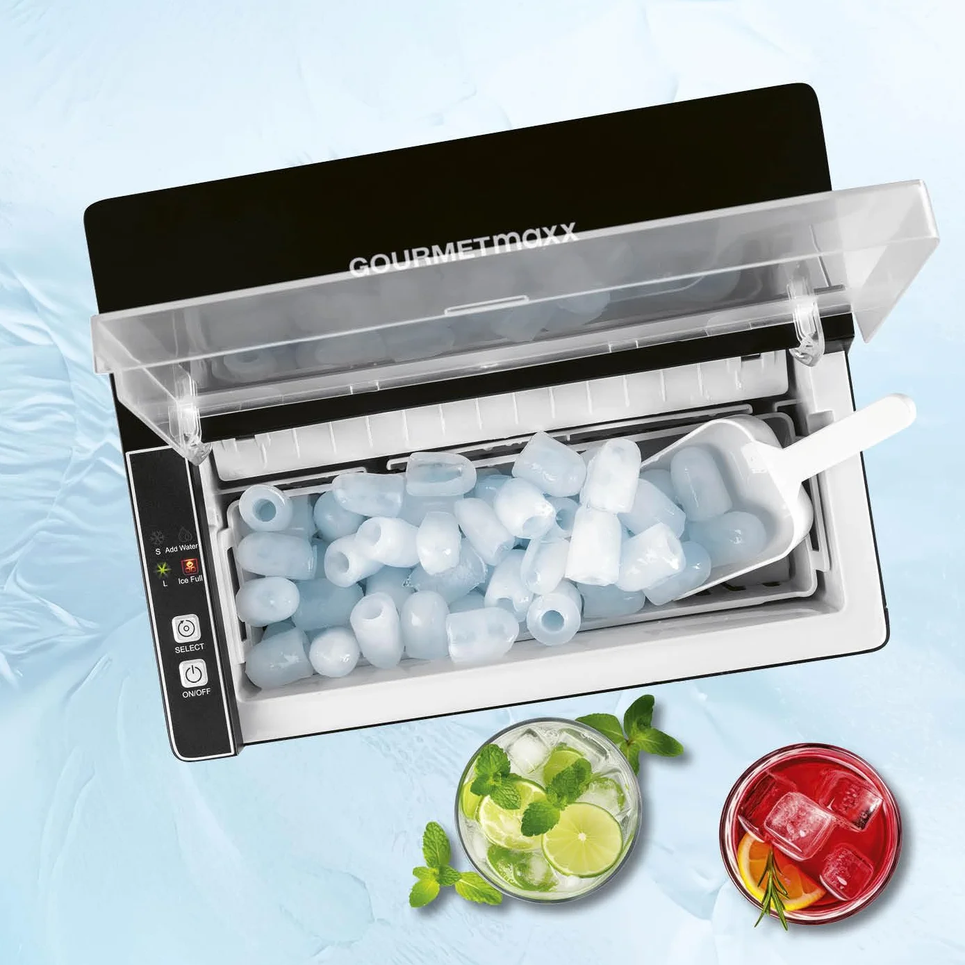 GOURMETmaxx kostkarka do lodu o mocy 150 W, na kemping i do współpracy, nie wymaga podłączenia wody, domowa kostkarka do lodu, w zestawie z pojemnikiem na odpady i łopatką do lodu, 12 kg dziennie